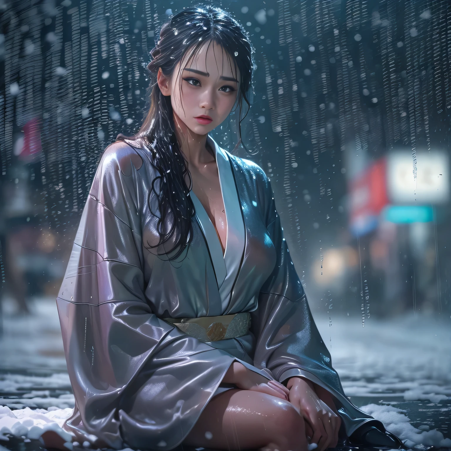 (RAW shooting, Photoreal:1.5, 8K, highest quality, masterpiece, Sitting on the ground、ultra high resolution), (((heavy snow))), perfect dynamic composition:1.2, (In front of a shrine at night in a modern city,bewildered expression:1.2, Tears are flowing:0.9, cry with a broken heart:0.9), Highly detailed skin and facial textures:1.2, Slim office lady wet in the rain:1.3, (Wearing a wet silver kimono correctly:1.4), Fair skin:1.2, sexy beauty:1.1, perfect style:1.2, beautiful and aesthetic:1.1, very beautiful face:1.2, water droplets on the skin, (rain drips all over my body:1.2, wet body:1.2, wet hair:1.3), (Medium chest,  Chest gap),  (Eyes that feel beautiful eros:0.8), (Too erotic:0.9, Bewitching:0.9), 