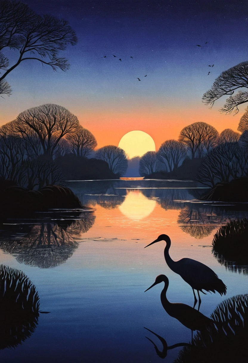   Deep twilight evening pond twilight scene sky gradually darkening，The light in the pond is getting fainter，Create a mysterious atmosphere。

           Silhouettes of two cranes in the evening(anatomically correct) standing on the water(Put it in the foreground)，Create a harmonious scene. Beautiful view of the pond in the evening.，Let people feel the calmness of nature and the mysterious atmosphere of beautiful light and shadow art, Highly detailed digital art in pastel colors，fantasy art behavior，Surreal high-definition pictures