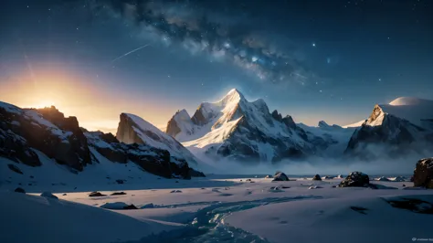 An icy landscape under the glow of an alien sun, with frozen mountains and rocky terrain. The sky is clear, showing distant gala...