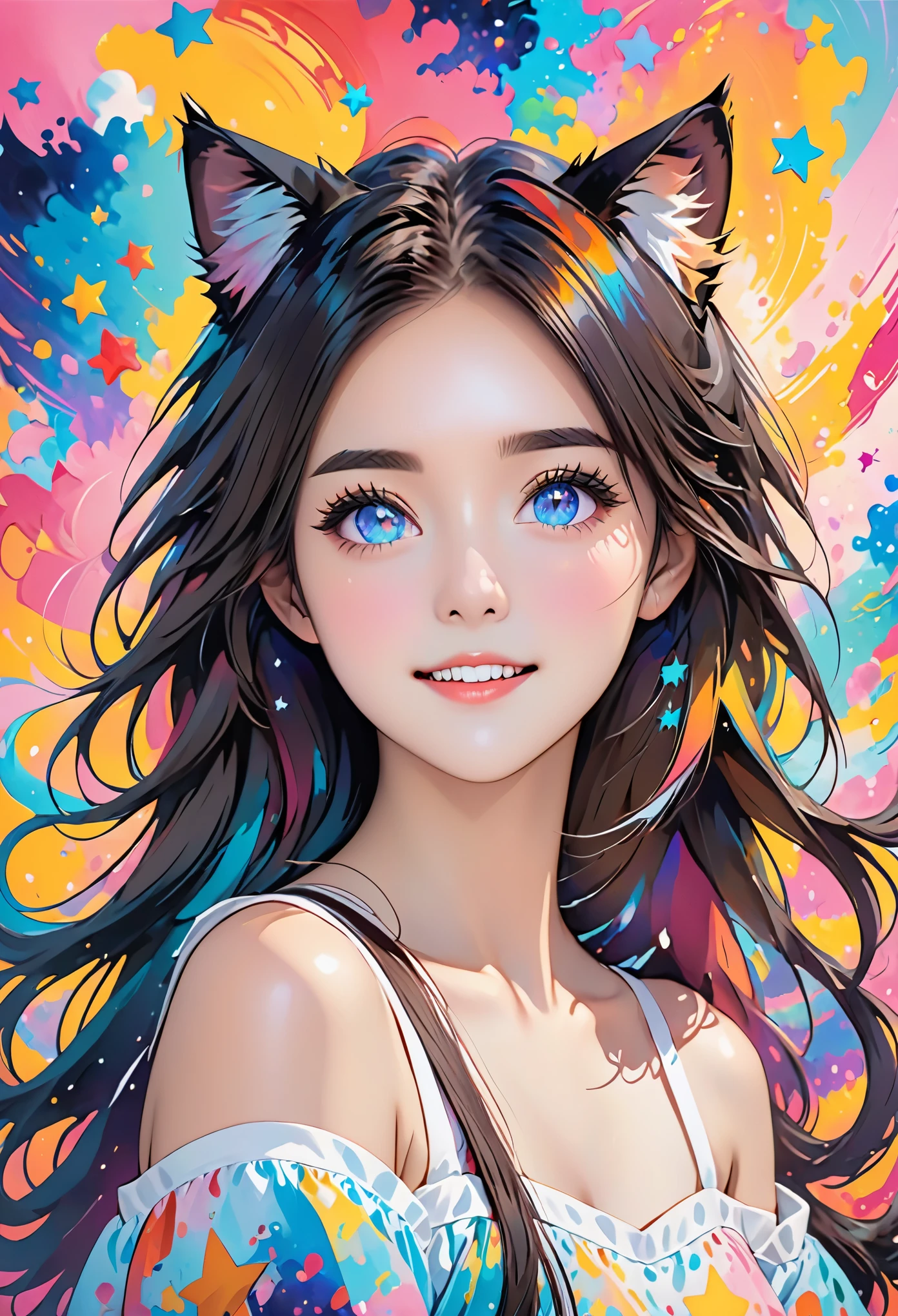 (masterpiece, best quality), ((1 girl, (adult) long hair), (star shaped pupils, +_+, Symbol shaped pupils, Bright Eyes), (cat ears, open mouth)), (looking at the audience, faint smile, Off the shoulders), (Abstract, colorful background, Abstract background, Color difference),
