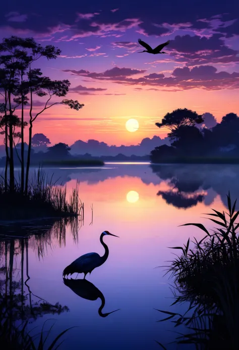 deep twilight evening pond twilight scene sky gradually darkening，the light in the pond is getting fainter，create a mysterious a...