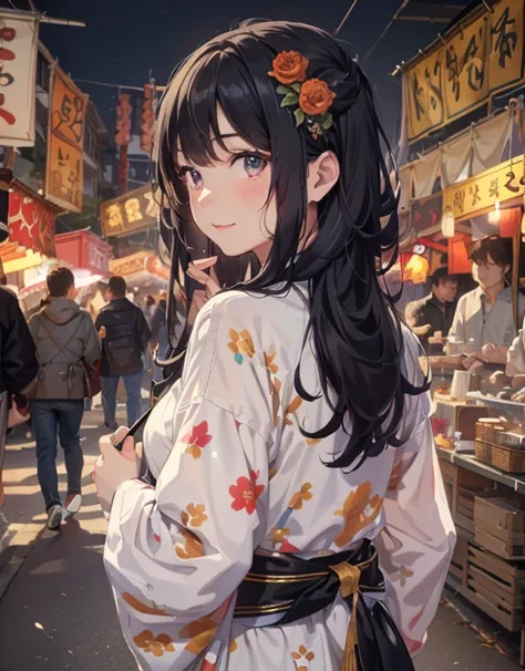 masterpiece, highest quality, Super detailed, shape, omatsuri, food stand, smile, 1 girl, beautiful eyes, looking at the viewer,...