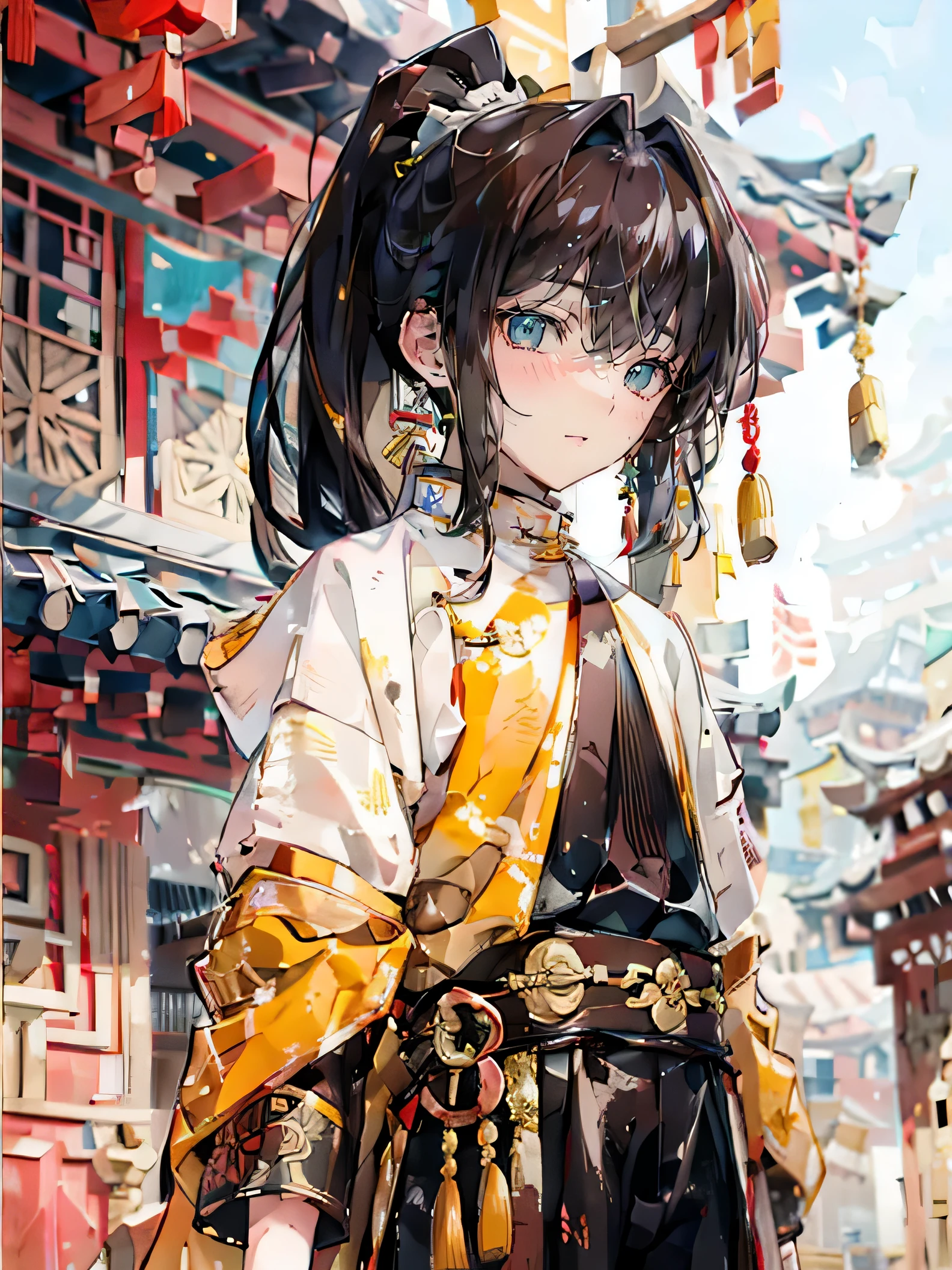 brown hair，Long hair，high ponytail details，male，horny boy，yellow eyes，robe，whole body，literati，Handsome，handsome man，handsome guy，emaciated，Chinese architectural background