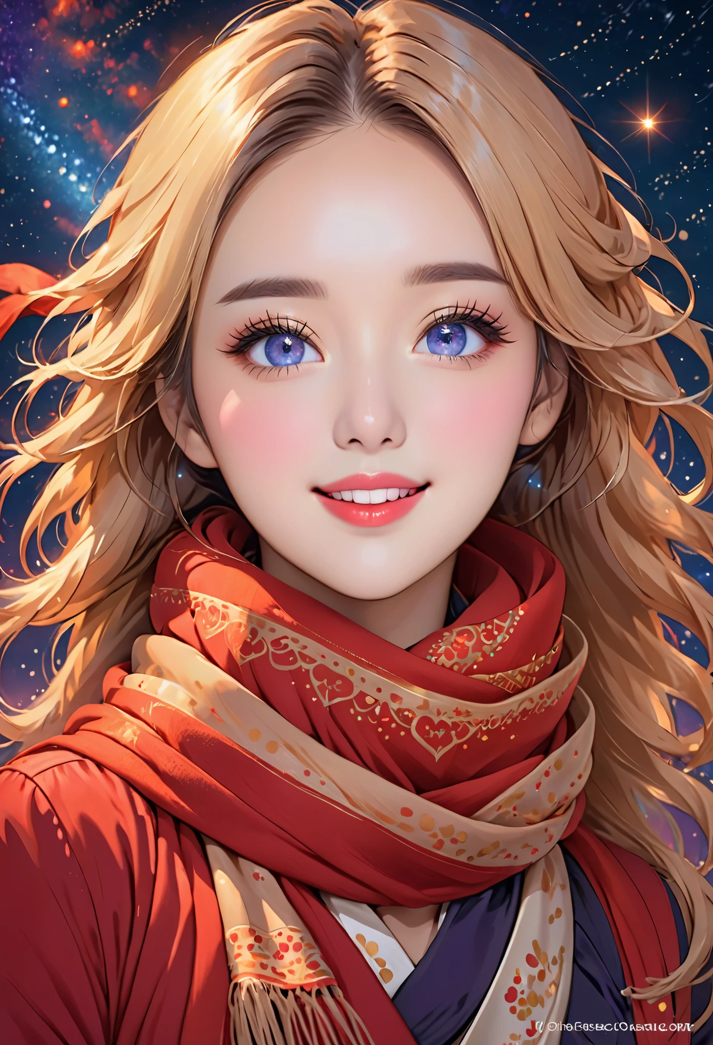 1 girl, ahog, Bangs, blonde hair, blow a kiss, blue eyes, blue scarf, brown scarf, split, Keep your mouth shut, eyelash, Face, flowing hair, hair between eyes, Heart, lips, lipstick, long hair, looking at the audience, cosmetic, night Sky, nose, one eye closed, orange scarf, pink lips, pink scarf, portrait, purple eyes, actual, red lips, red scarf, scarf, sign, Smile, alone, space, spoken Heart, Star (Sky), Starry Sky, Upper body, watermark, yang xiao long, yellow scarf