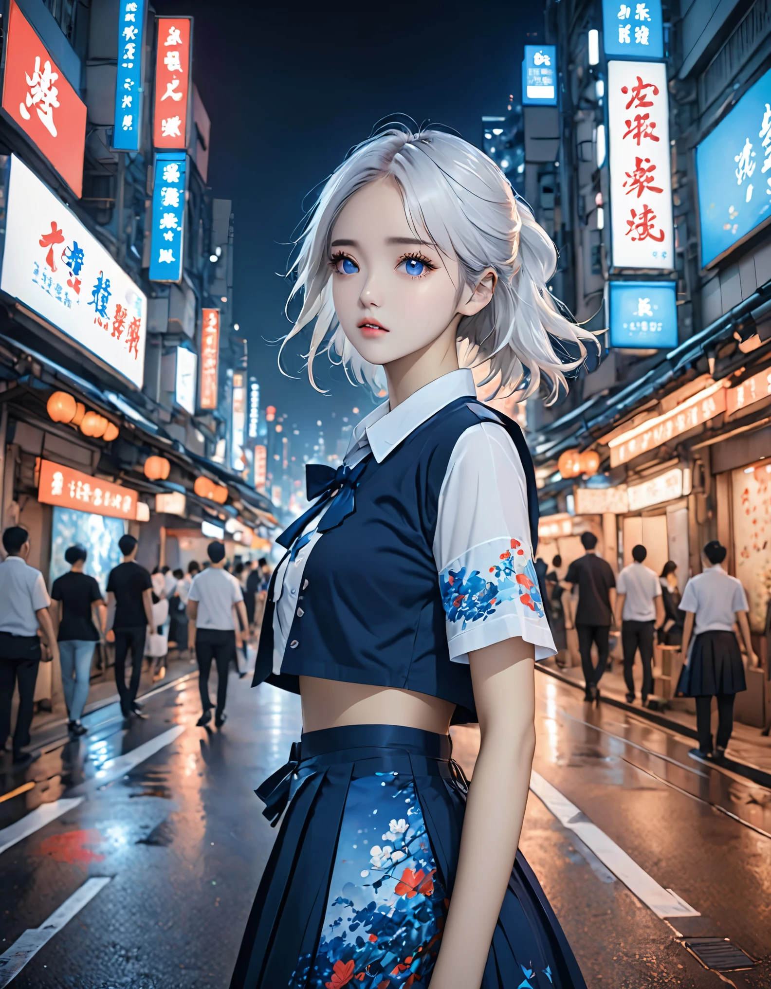 (8K, original photo, masterpiece:1.3), (actual, photo-actual:1.37), (night), (looking at the audience:1.331), (white hair), pose, Tokyo Street, nightcityscape, Cyberpunk City, soft light, 1 girl, extremely beautiful face, broken to pieces, hands down, Random hairstyle, random expression, big eyes, lower abdomen, (short sleeves .Jie Kang_shirt), Jie Kang_style, (dark blue Jie Kang_skirt), (bow Jie Kang_tie), Mix 4., best quality