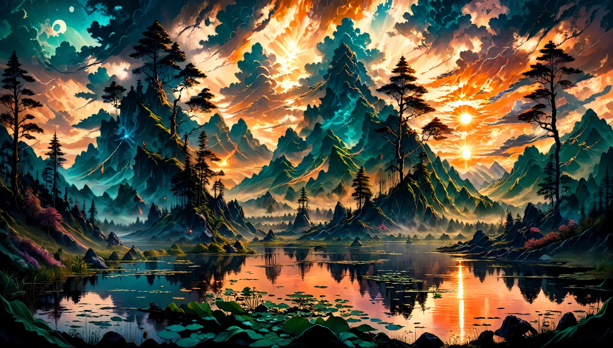 8k, photorealistic, epic fantasy art, Evening Pond, beautiful verdant  Pond  and mountains ,, sunset atmosphere, beautiful colors, mythical atmosphere, epic clouds in orange sky, beautiful water surface, endless mountains, light penetrating through clouds, , mists, hdr, ultra detail, epic landscape, 