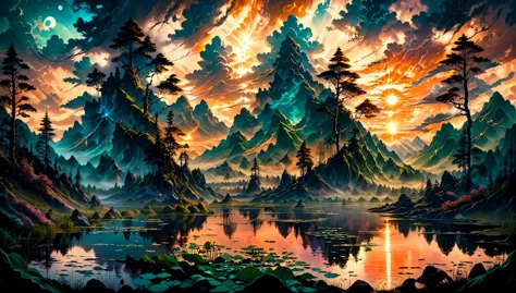 8k, photorealistic, epic fantasy art, Evening Pond, beautiful verdant  Pond  and mountains ,, sunset atmosphere, beautiful color...