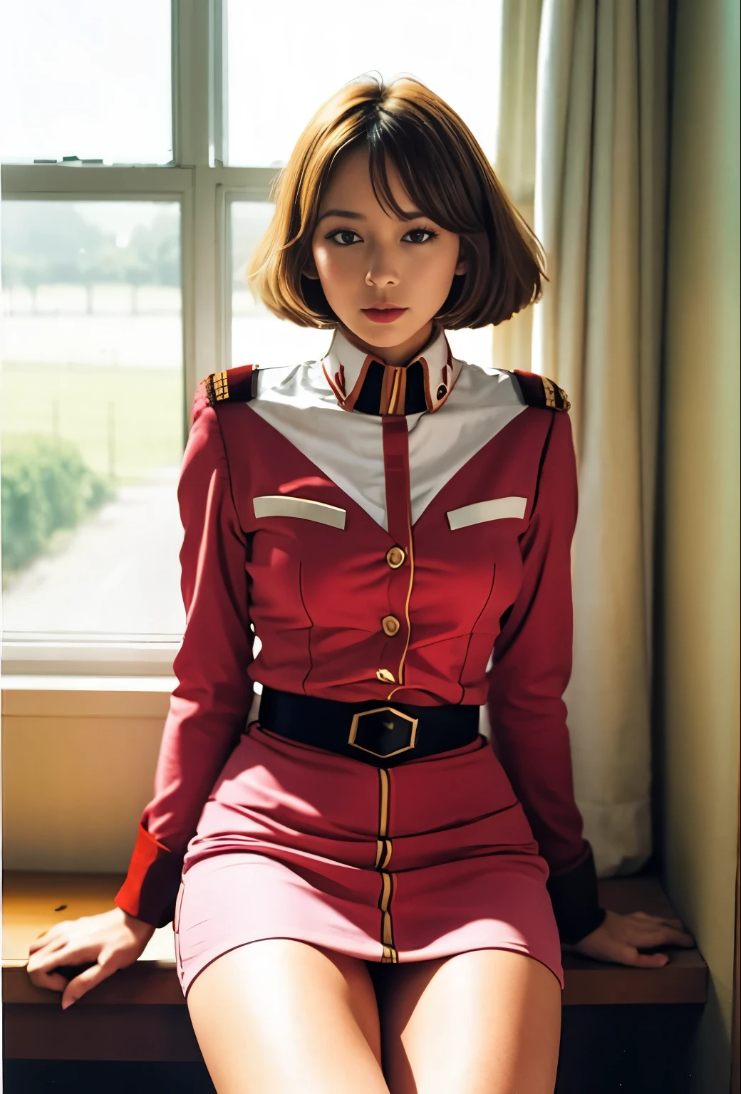 A close up of a woman in a uniform sitting on a window sill - SeaArt AI