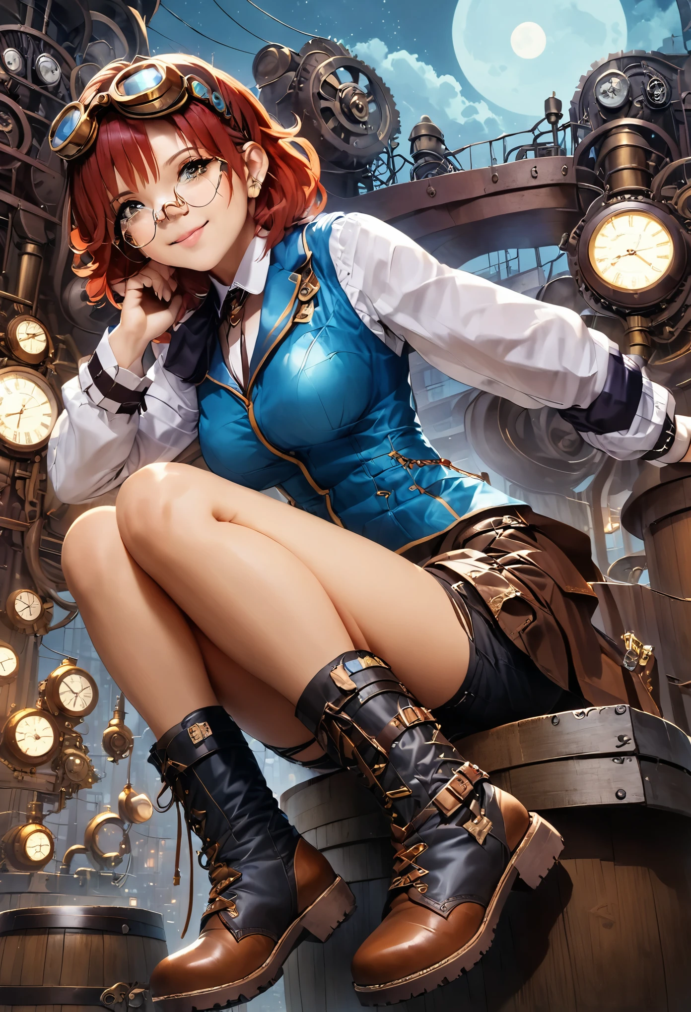steampunk style　fine　beautiful girl　goggles　back alley　sitting on the barrel　Small brim　shorts　boots　A bright smile　night　a provocative atmosphere　redhead　short hair　Fantastic　Jacket　facing the front　photorealistic background　Clothes are brown　like leaning over here