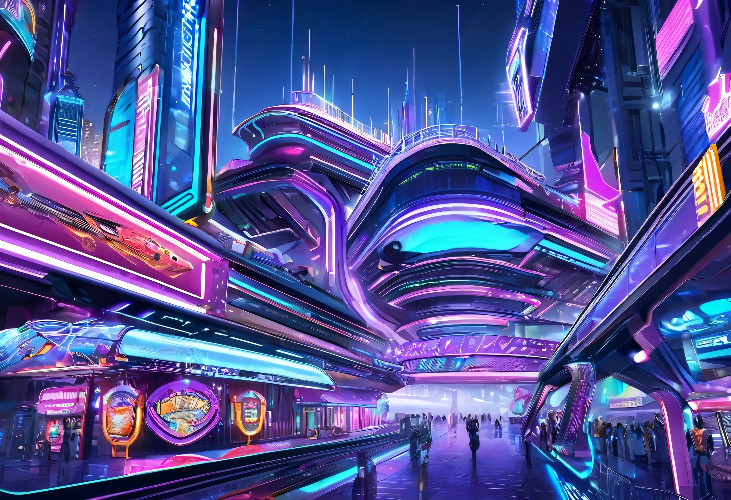 ((Masterpiece)),((best quality)),((Highly detailed)),((realistic,)) Futuristic Cities, architecture street, Railways of the future, cyberpunk, building, night time, casino, neon