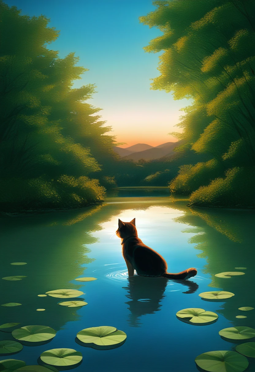 (Best Quality, 4K, 8K, High Resolution, Masterpiece: 1.2), Pond at Sunset, Super Detailed, Realistic, Photorealistic: 1.37, Pond at Sunset, Natural Scenery, Calm Atmosphere, Ripples on the Water Surface, Shining Reflections, Tall grass swaying in the wind, cattail leaves, soft golden light flowing through the trees, a gentle atmosphere, a tranquil environment, a colorful palette, evoking a feeling of calm and tranquility, a faint melancholy, magical An enchanting landscape, with the fading light of the day, the gentle breeze rustling the leaves, the subtle hues of orange and purple, the painterly quality, impressionist style, creating a dreamy, nostalgic feeling. , the serenity that can be captured in an instant, the natural harmony of heaven and earth.