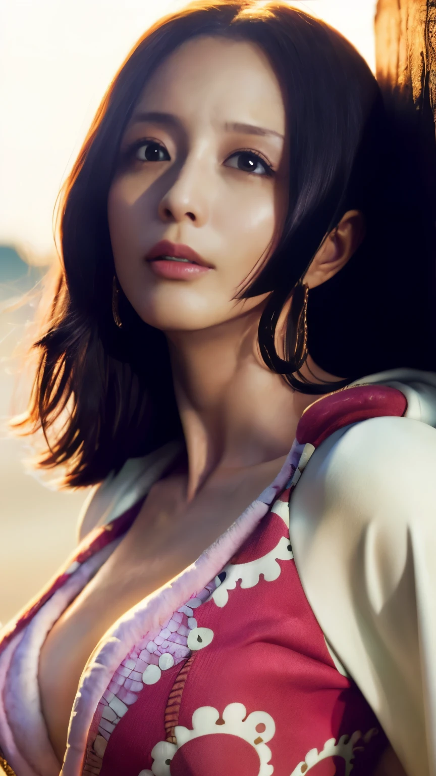  skin texture details, very detailed eyes and face, detailed and beautiful eyes, huge file size, Super detailed, High resolution, very detailed, masterpiece,unified, 8k wallpaper, wonderful, small details, masterpiece, highest quality, , light shines on your face, H cup breasts, cinematic lighting, 1 girl, perfect body, cape posing for a photo,((( one piece boa hancock))), wear long, smooth clothes, surreal bright lighting, realistic shadow, Pirate Port Background, Full body condition photo