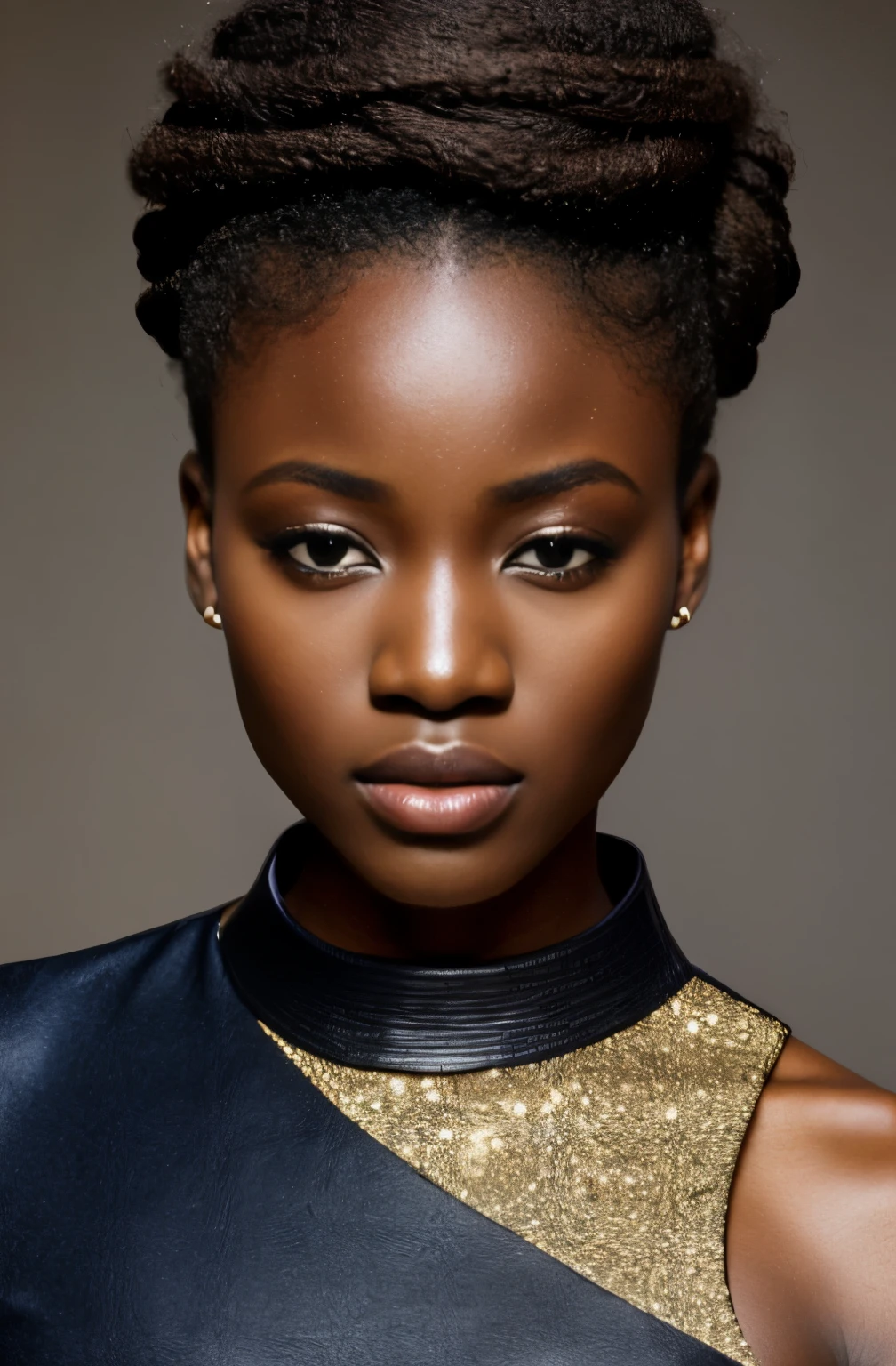 一名非洲模特 ,独特的发型细节, 虚拟和增强现实服装 , 不远的将来, 曲线细节 , 细致的眼睛, 双眼皮, 丰满的嘴唇, 发髻, 专业化妆, 超高分辨率, 瀑布