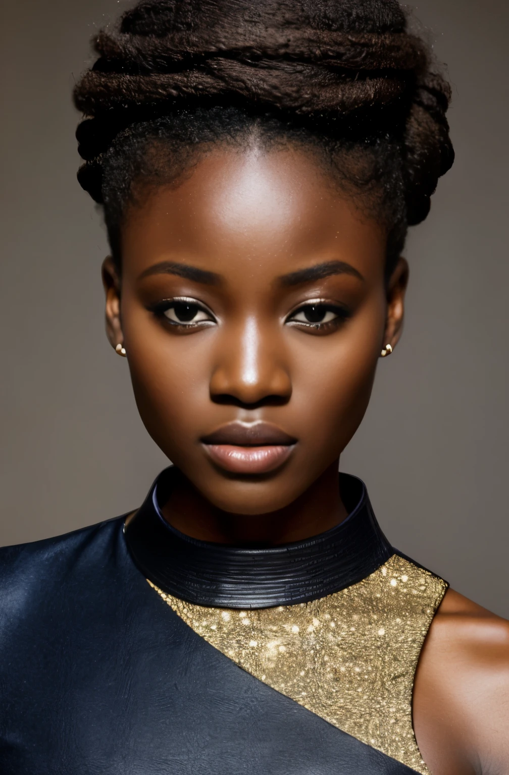 one African model ,Detalles de cabello únicos, ropa de realidad virtual y aumentada , futuro cercano, Detalles curvilíneos , ojos detallados, doble párpado, Labios gruesos, pelo de moño, maquillaje profesional, hiperresolución, cascada