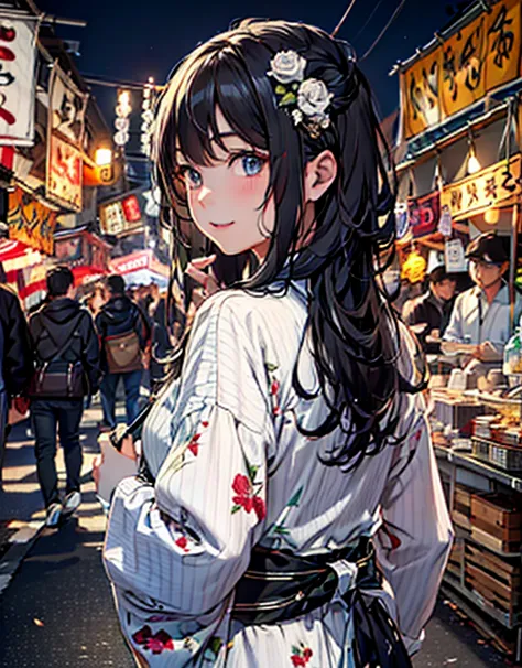 masterpiece, highest quality, Super detailed, shape, omatsuri, food stand, smile, 1 girl, beautiful eyes, looking at the viewer,...