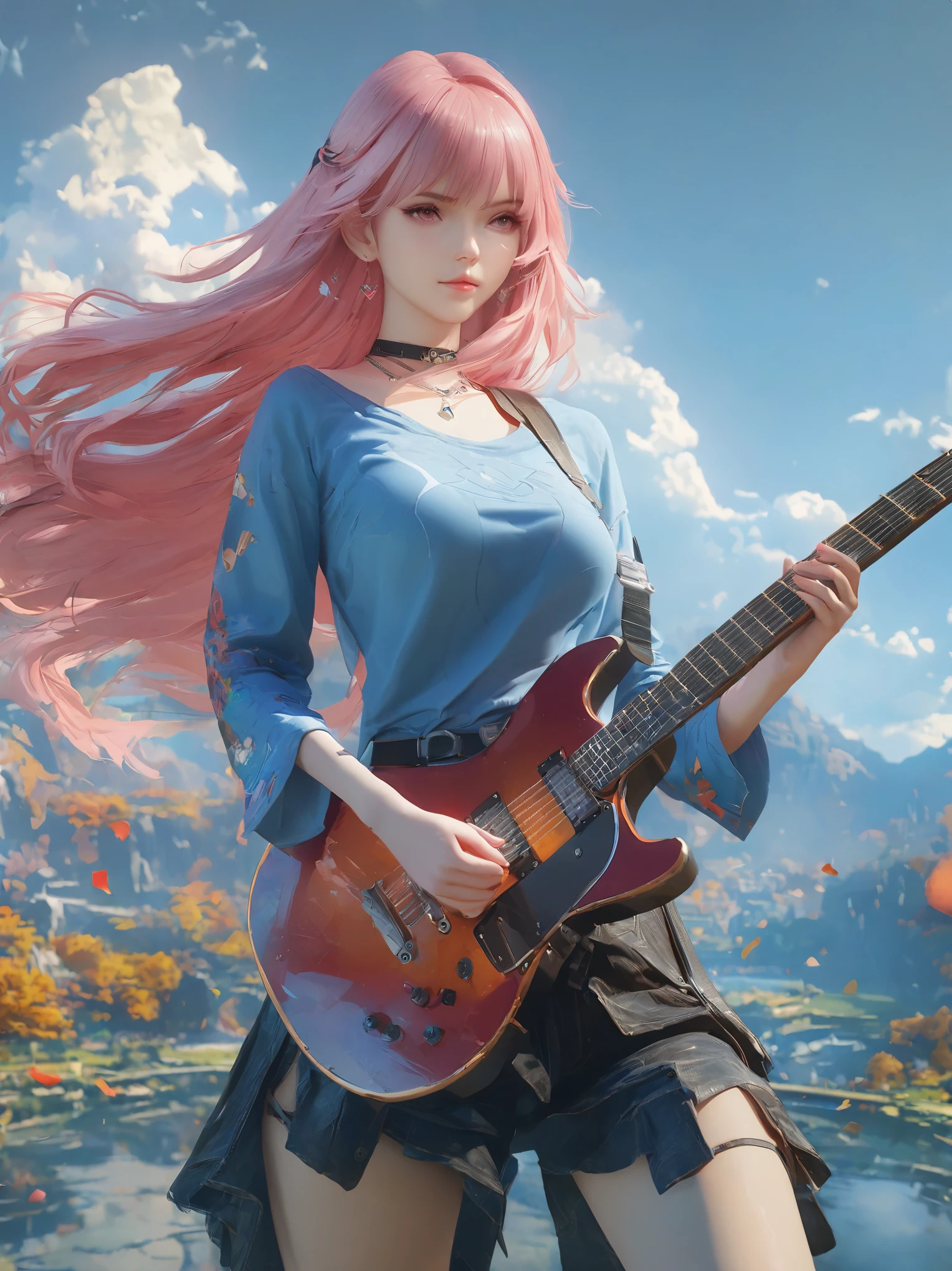 bricolage22，la plus haute qualité, Ultra haute définition, Chefs-d&#39;œuvre, 8k, Réaliste, style anime, rendu 3D，anime girl aux cheveux roses et une chemise bleue tenant une guitare, oeuvre d&#39;art dans le style de guweiz, Ross Tran style, Ross Tran. fond scénique, fille animée aux cheveux longs, solo de guitare, couverture d&#39;anime, style artistique anime de haute qualité, in the style of Ross Tran, ambiance animée, guweiz, beau style artistique animé, style animé 4k
