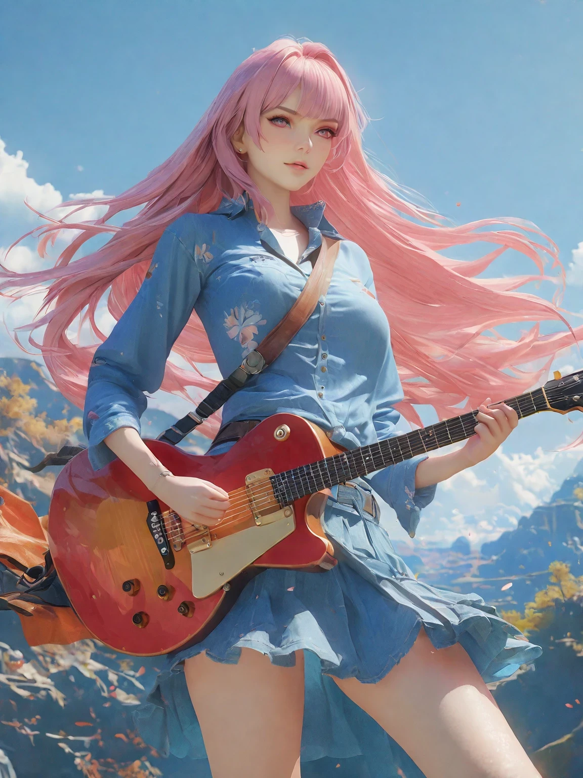 diy22，de la máxima calidad, Ultra Alta Definición, obras maestras, 8K, Realista, estilo anime, representación 3d，Chica de anime con cabello rosa y una camisa azul sosteniendo una guitarra, obra de arte al estilo de guweiz, estilo ross tran, ross tran. fondo escénico, Chica anime con pelo largo., guitar solo, portada de anime, estilo artístico anime de alta calidad, al estilo de Ross Tran, vibraciones de anime, guweiz, Hermoso estilo de arte anime, estilo anime 4k
