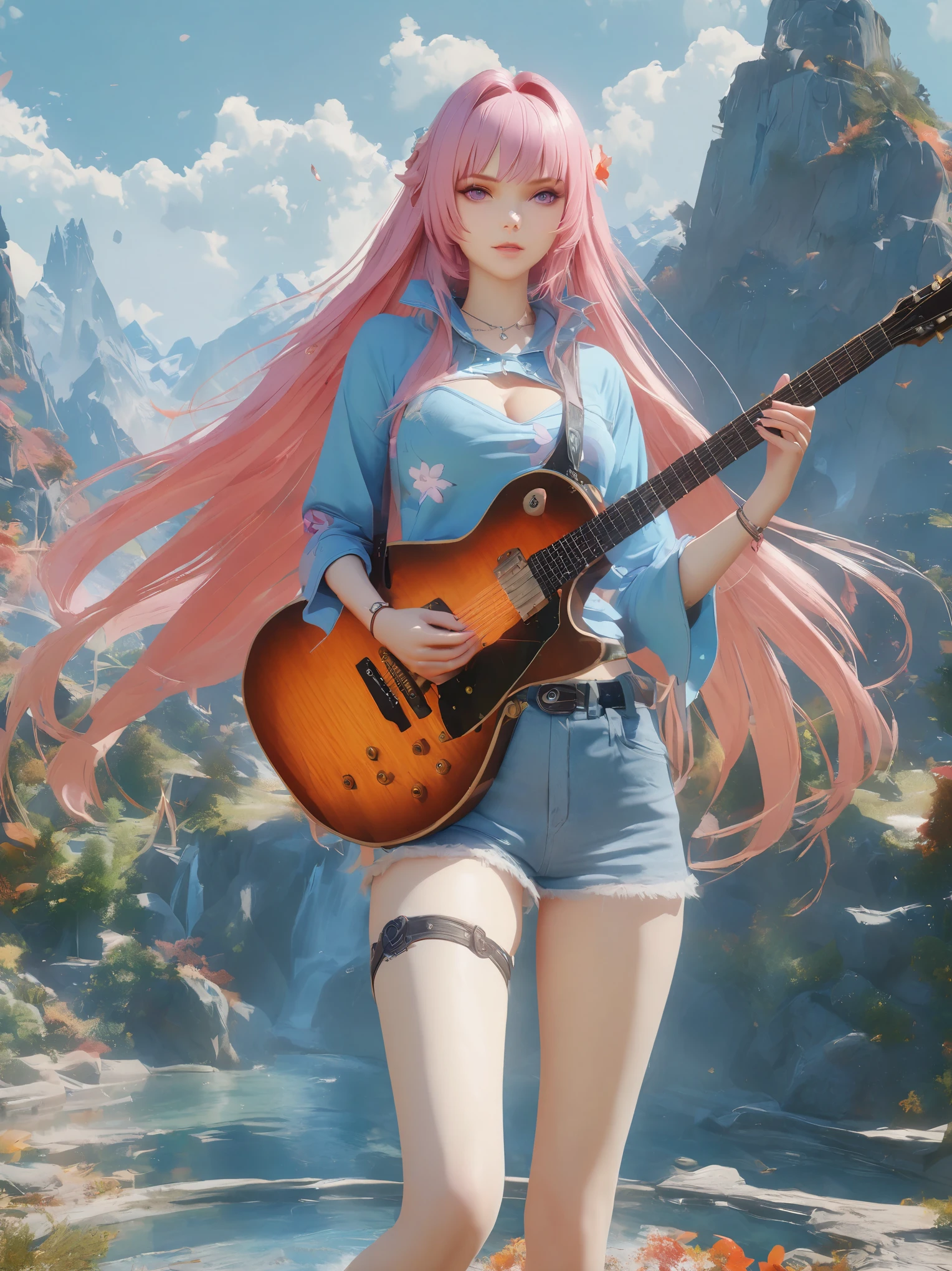 diy23，de la máxima calidad, Ultra Alta Definición, obras maestras, 8K, Realista, estilo anime, representación 3d，Chica de anime con cabello rosa y una camisa azul sosteniendo una guitarra, obra de arte al estilo de guweiz, estilo ross tran, ross tran. fondo escénico, Chica anime con pelo largo., guitar solo, portada de anime, estilo artístico anime de alta calidad, al estilo de Ross Tran, vibraciones de anime, guweiz, Hermoso estilo de arte anime, estilo anime 4k
