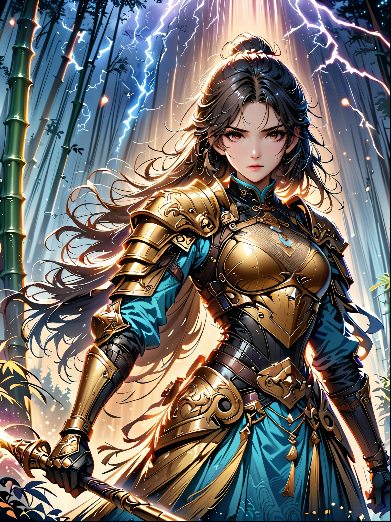 fantasy，forest scenery photo，Chinese martial arts style，Skin is moist and shiny，(Female warrior wearing pink and gold combat costume，Holding golden decoration and glowing long stick)，(In a dense bamboo forest，Forest trails，night，thunderstorm，heavily clouded，rainwater:1.2)，Chinese style，barbara(Genshin:0.5)，Elsa(frozen:0.5)，(fine details:1.2)，black hair，wavy hairstyle，light，sad，brown eyes，Symmetrical facial features，Delicate hands，Exquisite fingers，Combat attire，(masterpiece:1.2)，(Epic composition:1.4)，(talent:1.2)，Super details，Highly detailed，Crazy details，(Realistic photos:1.2)，HDR，8K，Exquisite，sharp，grace，Dreamy bright colors，high quality，illustration，Vector graphic design，Chinese ink style