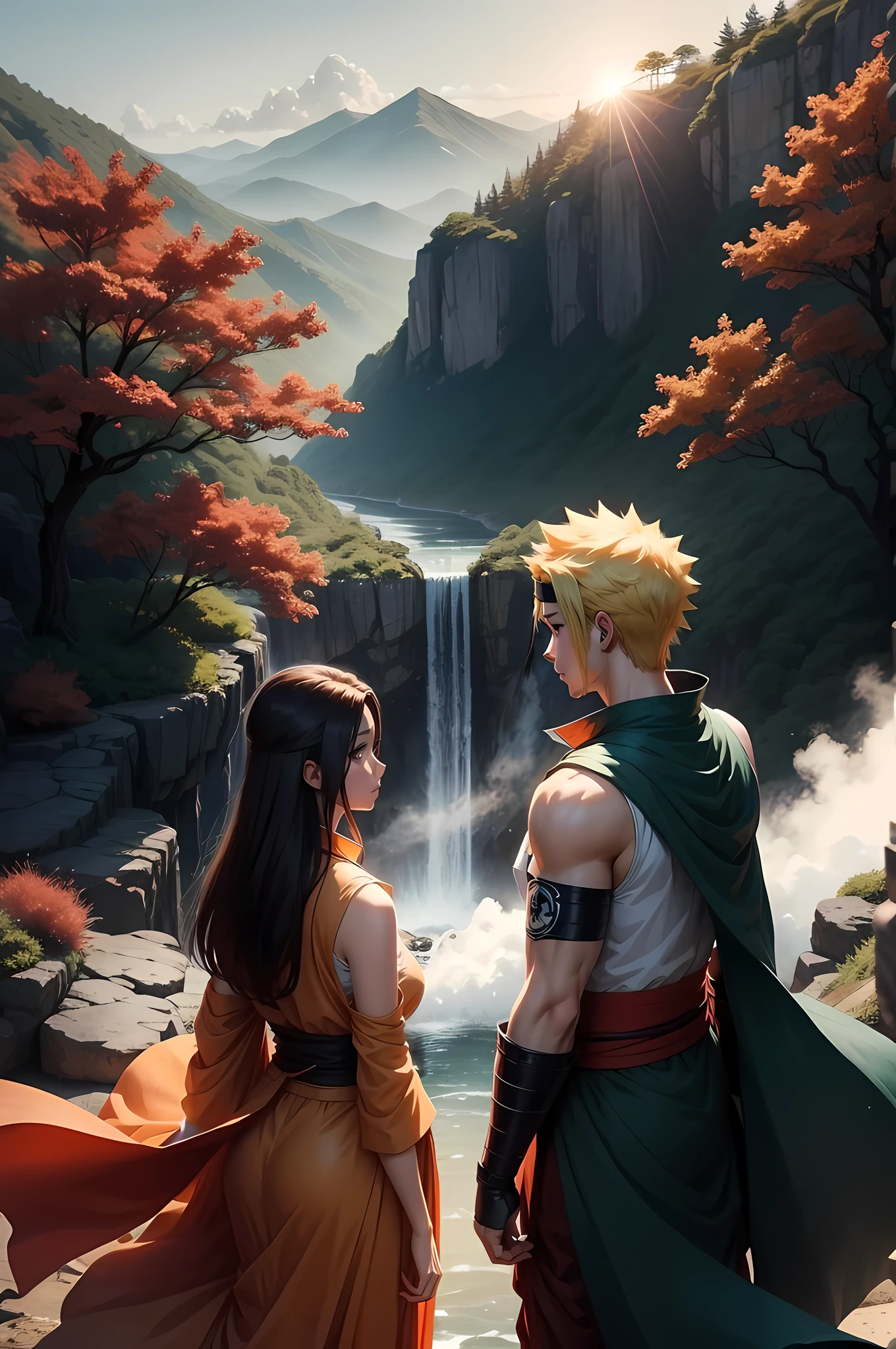 A couple of anime characters standing next to each other near a waterfall -  SeaArt AI