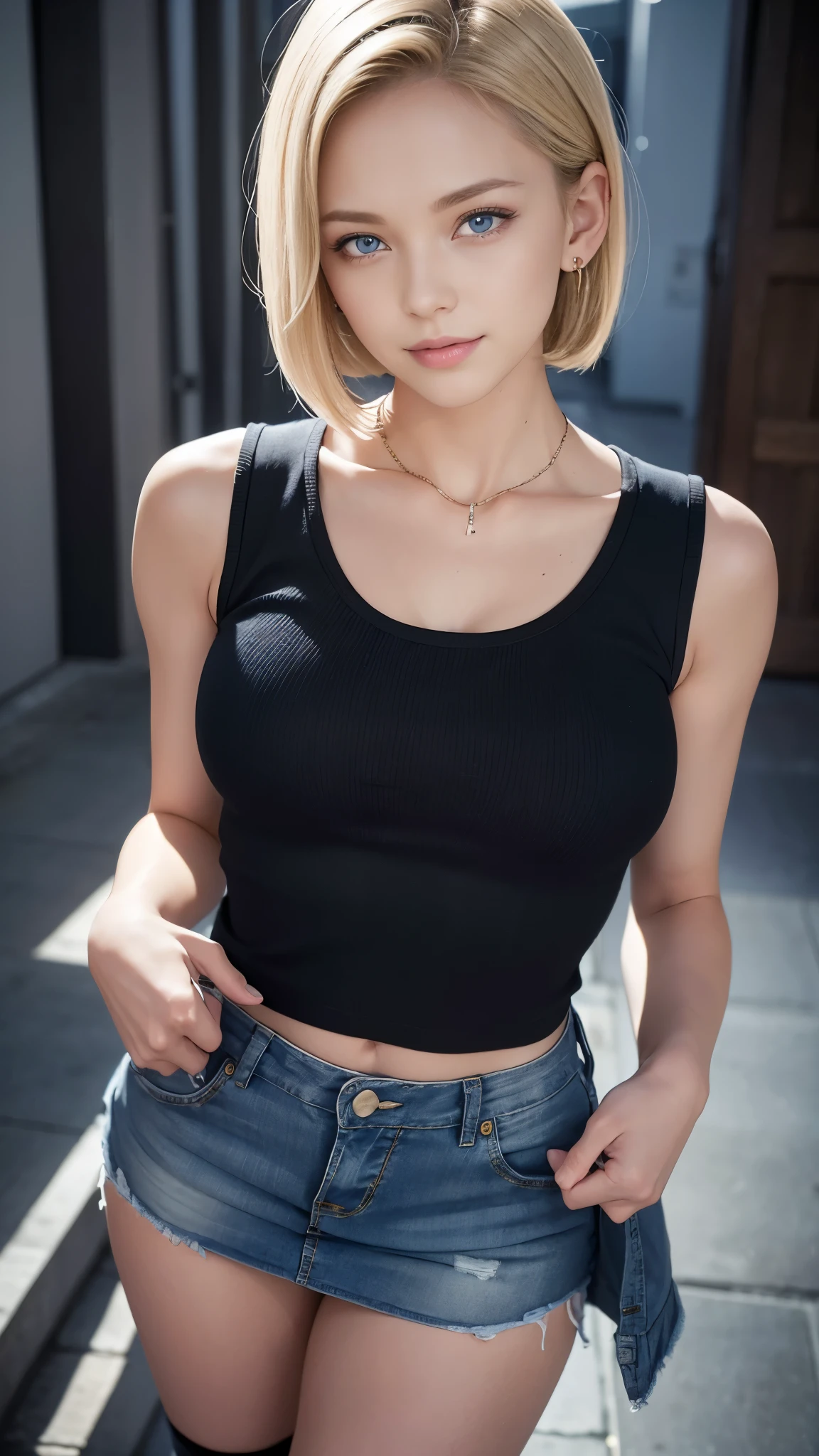 highest quality, High resolution, AND18, 1 girl, android 18, alone, blonde hair, blue eyes, short hair, cute smile，earrings, jewelry, denim dress, open vest, black sports bra, jeans miniskirt,  blue mini skirt, small breasts, cowboy shot, she is wearing black short boots，street, (external expansion chest: 1.2)，