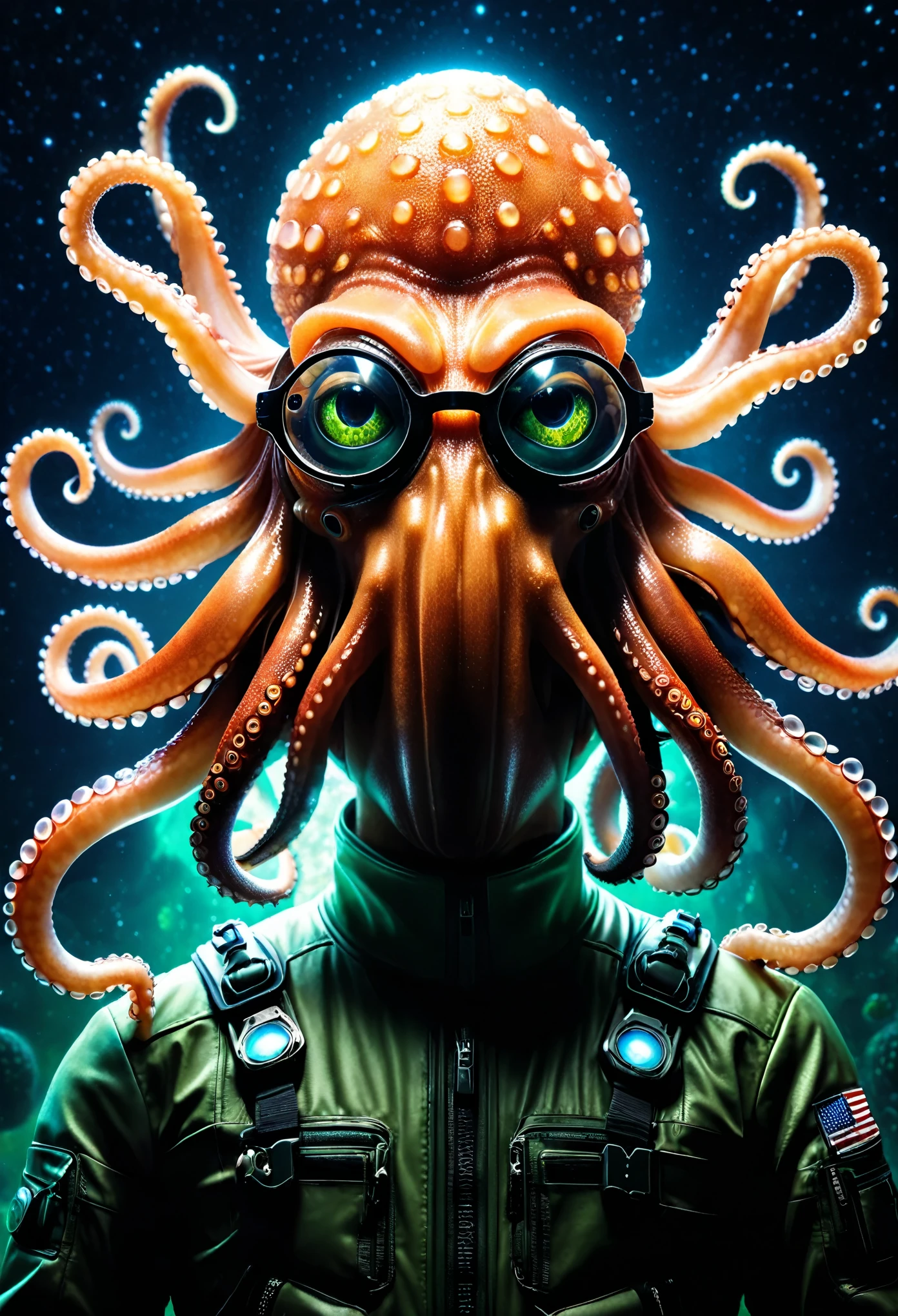 there is a man with a giant octopus head and glasses, anthropomorphic octopus, portrait of a squid wizard, cyborg octopus, 3 0 0 0 ( dr. john a. zoidberg ), cthulhu squid, octopus wearing a spacesuit, zoidberg, portrait of cthulhu, squids, alien squid, cthulu portrait, squid, super nova octopuseye level shot, Photographic Portrait, Photography, 