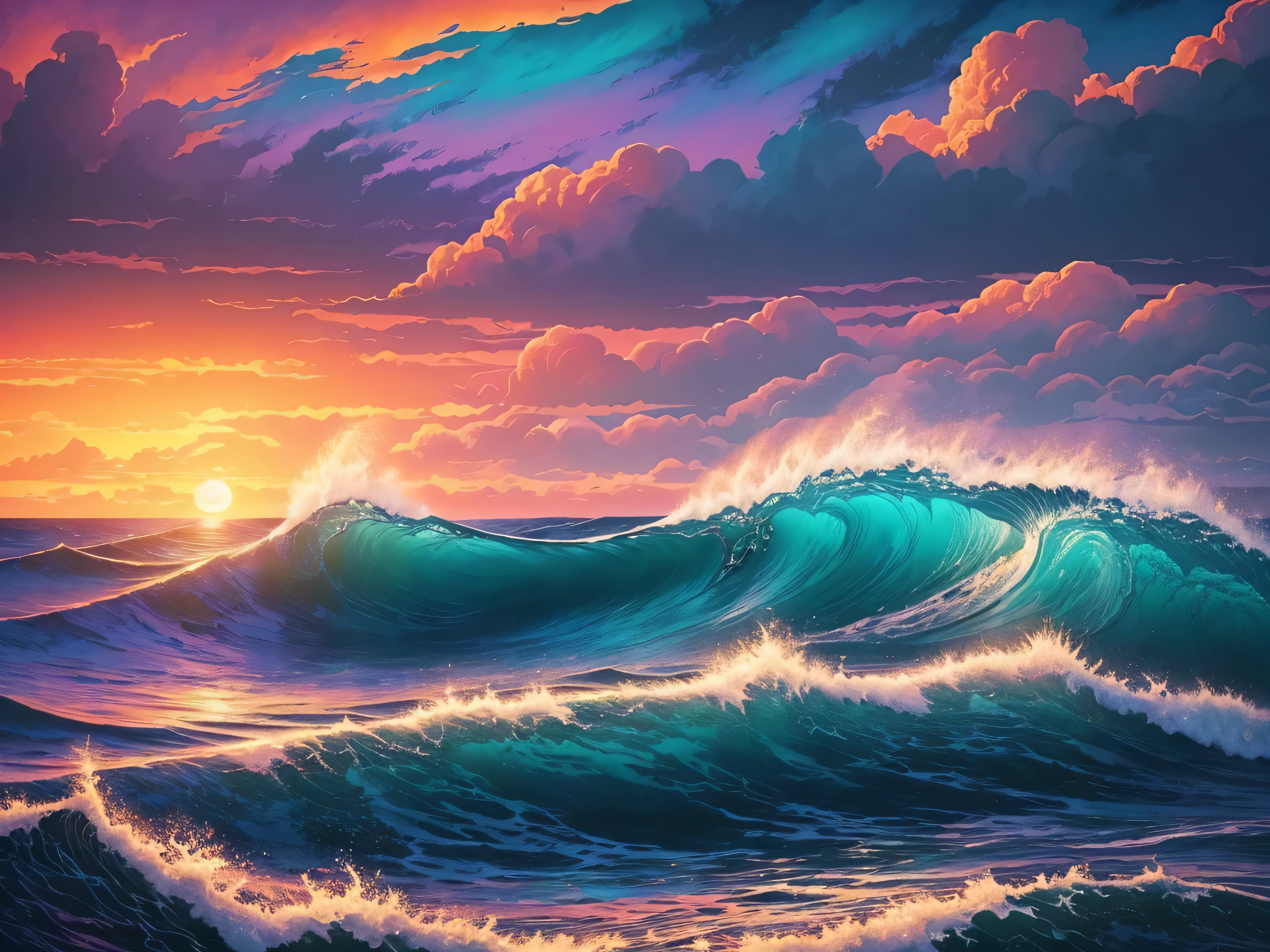 a painting of a colorful ocean scene with a sunset and clouds, an ultrafine detailed painting by Michael Sutfin, tumblr, psychedelic art, psychedelic painting, psychedelic landscape, sunset psychedelic, detailed dreamscape, psychedelic art style, dmt waves, psychedelic artwork, psychedelic waves, lsd waves, psychedelic surreal art, painting of a dreamscape, colorful flat surreal ethereal