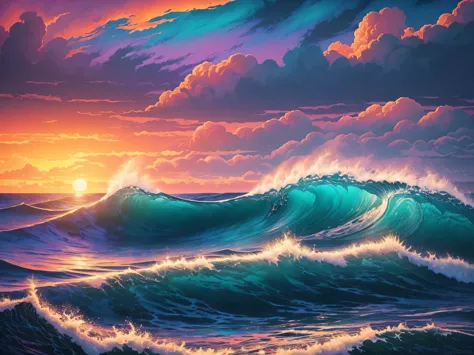 a painting of a colorful ocean scene with a sunset and clouds, an ultrafine detailed painting by Michael Sutfin, tumblr, psyched...