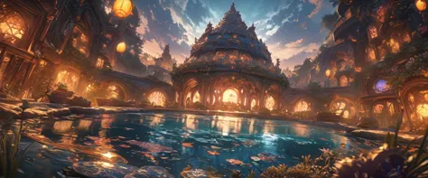 masterpiece, best quality, extremely detailed CG unity 8k wallpaper, a magical pond in the evening, finely detailed, cinematic l...