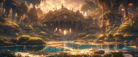 masterpiece, best quality, extremely detailed cg unity 8k wallpaper, a magical pond in the evening, finely detailed, cinematic l...