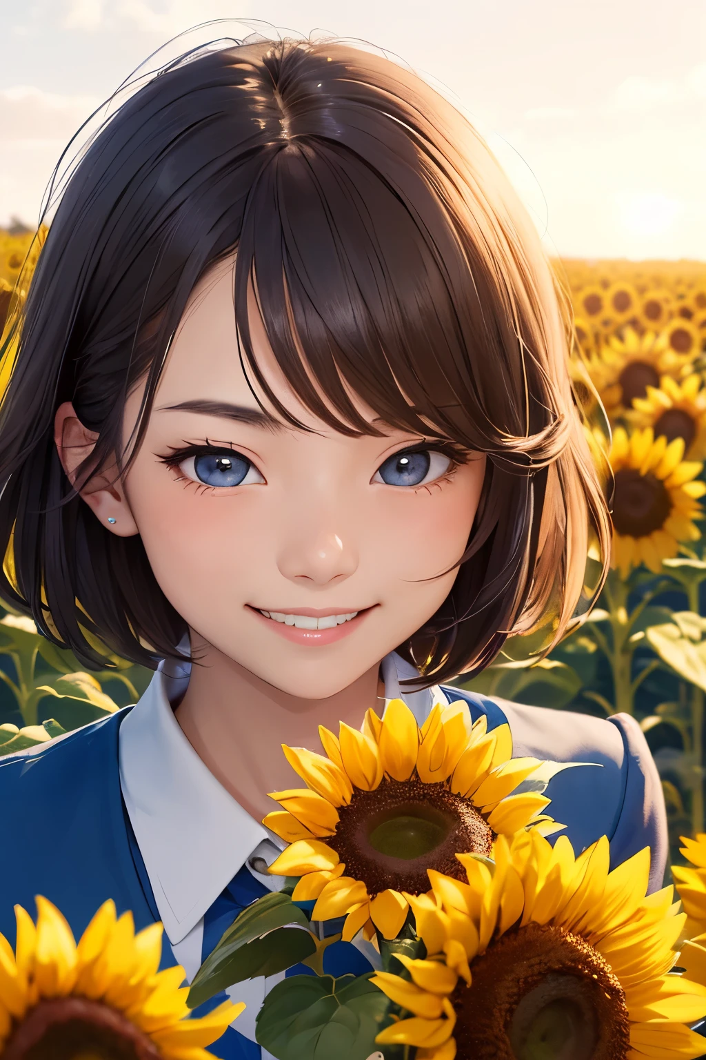 Masterpiece, high school girl with a dazzling smile, short hair, no make-up, blushing cheeks, refreshing breeze, uniform swaying, face emphasized, sunflower field, early morning, background blur,