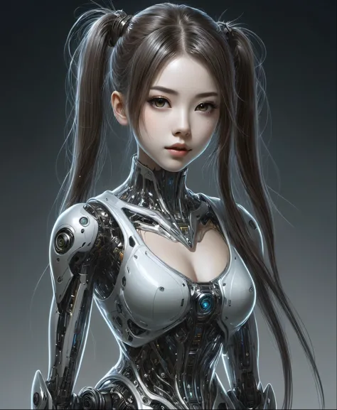 Woman in a futuristic suit with a ponytail, Cyborg - Girl, cute cyborg girl, beautiful cyborg girl, Beautiful white female cybor...