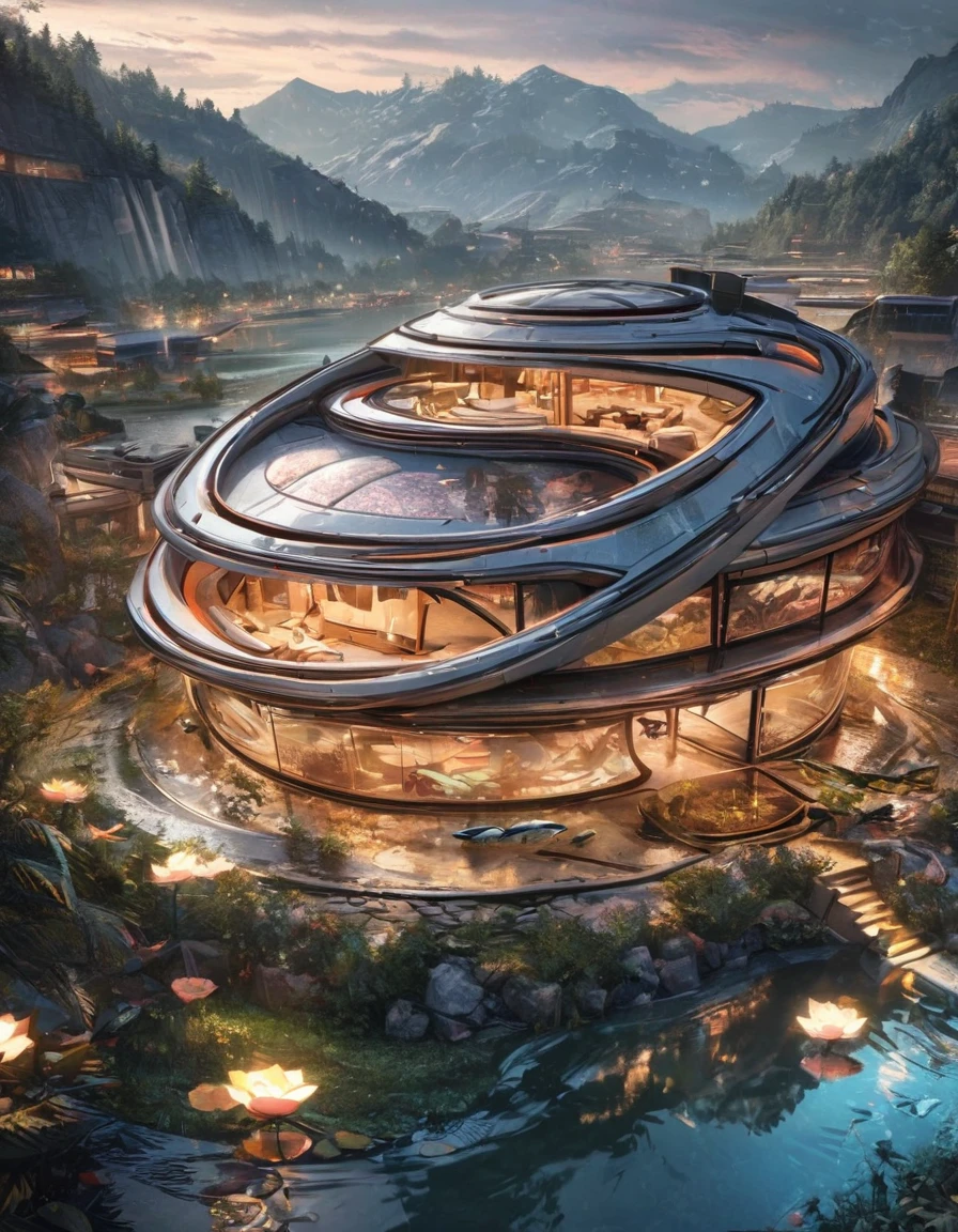 Masterpiece, the best quality, stunning details, Enjoy the Future, Cyberpunk 2077 Wide angle, 8k, locally blurred, Lakes, valleys, small rivers, high mountains, weathered granite, Hillside, lakeside, oval shaped building (streamlined, lotus shaped design, transparent exterior, metal frame, glass exterior wall, fish scale decoration, huge), surrounded by forest, decorated with lights, rainy, 1girl,pond in evening