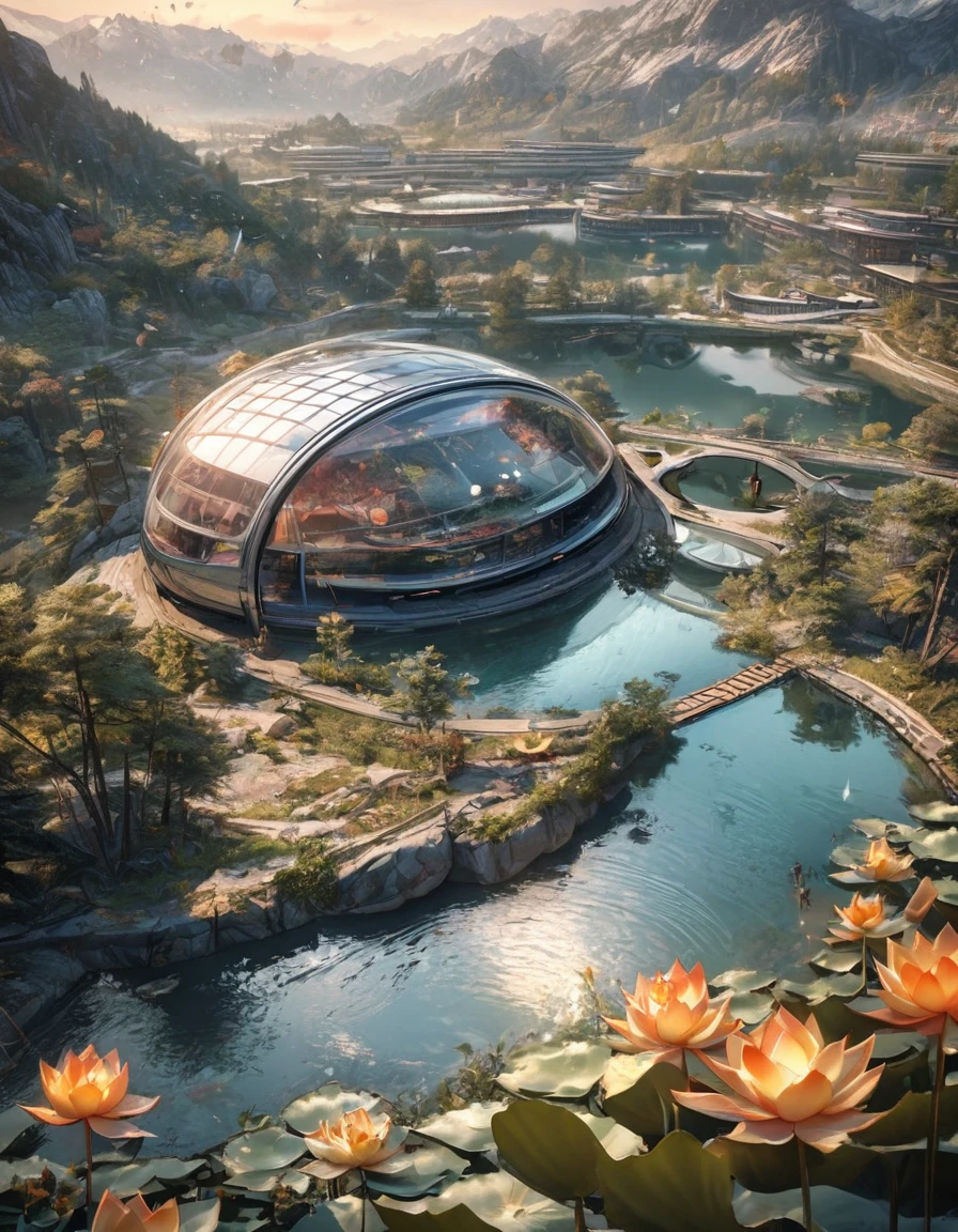 Masterpiece, the best quality, stunning details, Enjoy the Future, Cyberpunk 2077 Wide angle, 8k, locally blurred, Lakes, valleys, small rivers, high mountains, weathered granite, Hillside, lakeside, oval shaped building (streamlined, lotus shaped design, transparent exterior, metal frame, glass exterior wall, fish scale decoration, huge), surrounded by forest, decorated with lights, rainy, 1girl,pond in evening