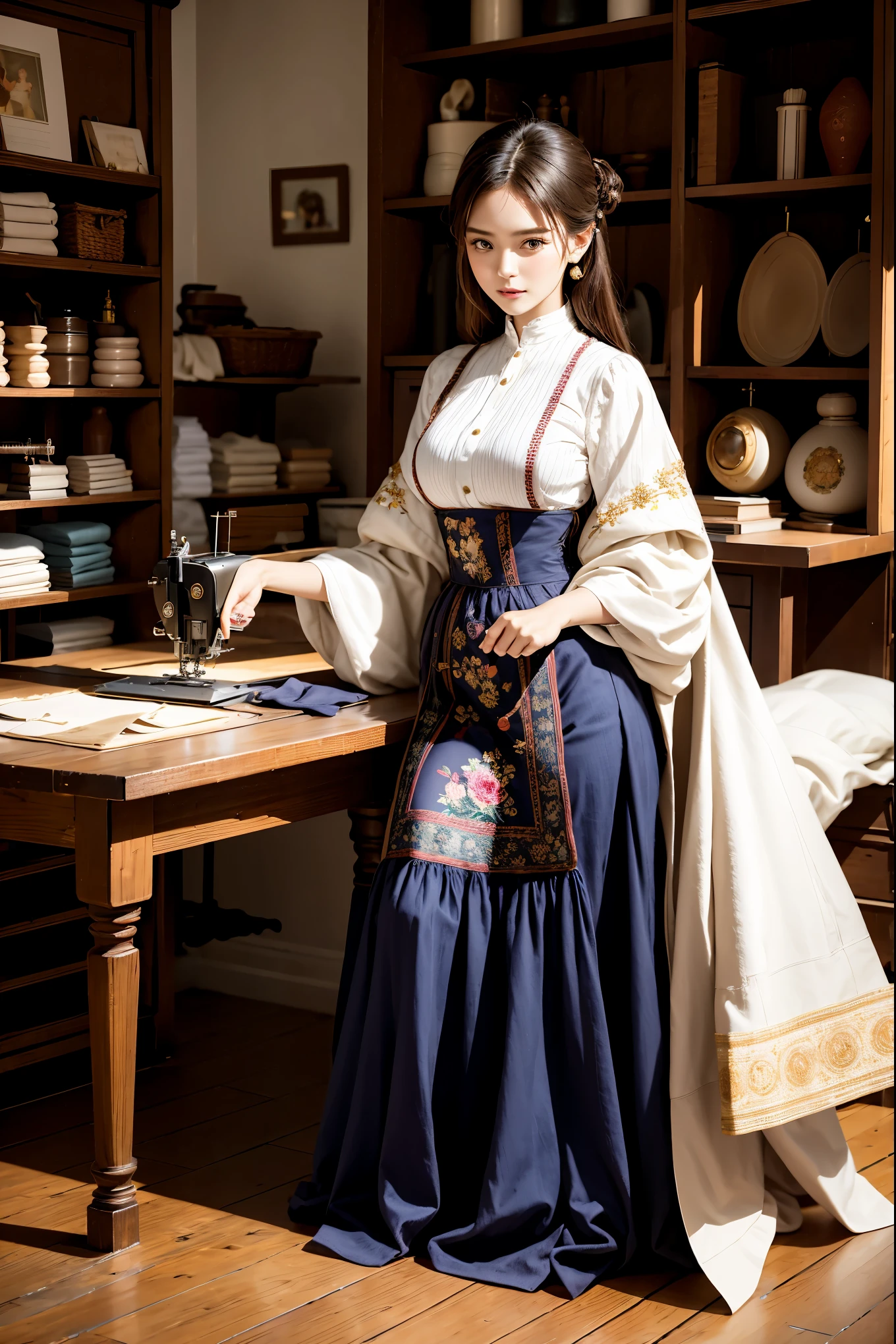 best quality,4k,8k,highres,masterpiece:1.2,ultra-detailed,realistic,photorealistic:1.37,a girl in a tailor shop,fine needlework,vintage sewing machine,sewing scissors and measuring tape,delicate fabric patterns,fashionable outfit design,a colorful spool of thread,precise embroidery and stitching,beautiful detailed eyes,beautiful detailed lips,attentive expression,sewing patterns and sketches,sewing mannequin with dress form,mannequin pins and pin cushion,shelves filled with fabric rolls and ribbons,vibrant colors and textures,soft natural lighting,sewing notions and tools,sewing buttons and zippers,needle and thread,sewing thimble and pincushion,sewing patterns and fabrics,rustic wooden worktable and stool,vintage sewing patterns,seamstress working on a sewing project,scissors cutting through the fabric,piles of finished garments,passionate and skilled craftsmanship,sewing machine pedal and footplate,bustling atmosphere of the tailor shop,creative and inspiring environment,a glimpse of a beautifully tailored dress,background of fashion sketches and fashion magazines