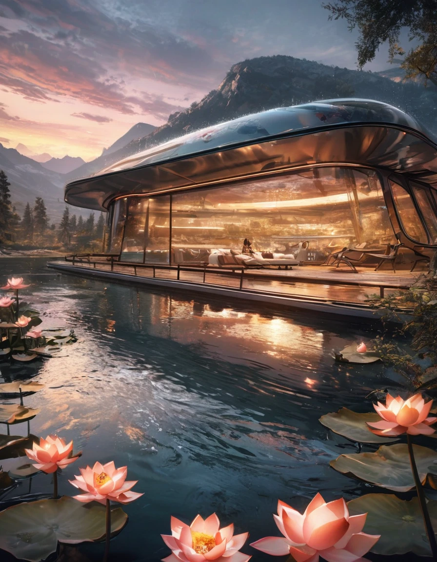 Masterpiece, the best quality, stunning details, Enjoy the Future, Cyberpunk 2077 Wide angle, 8k, locally blurred, Lakes, valleys, small rivers, high mountains, weathered granite, Hillside, lakeside, oval shaped building (streamlined, lotus shaped design, transparent exterior, metal frame, glass exterior wall, fish scale decoration, huge), surrounded by forest, decorated with lights, rainy, 1girl,pond in evening，Sunset