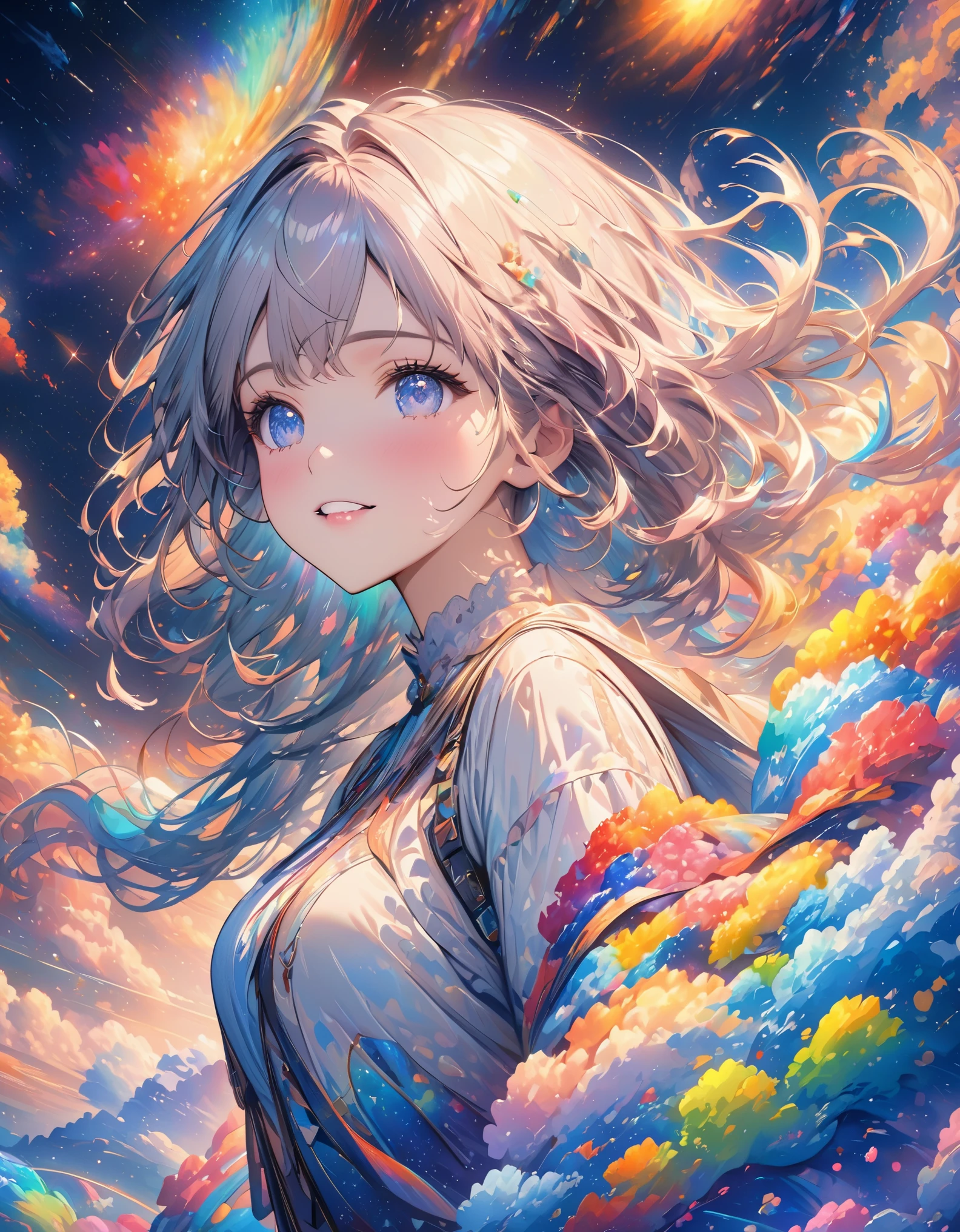 high detail, Super details, ultra high resolution, Girl enjoying time in dreamy galaxy, surrounded by stars, Warm light shines on her, The background is starry sky，There are colorful galaxies and galaxy clouds, Stars are flying around her, delicate face, Add a playful atmosphere , 