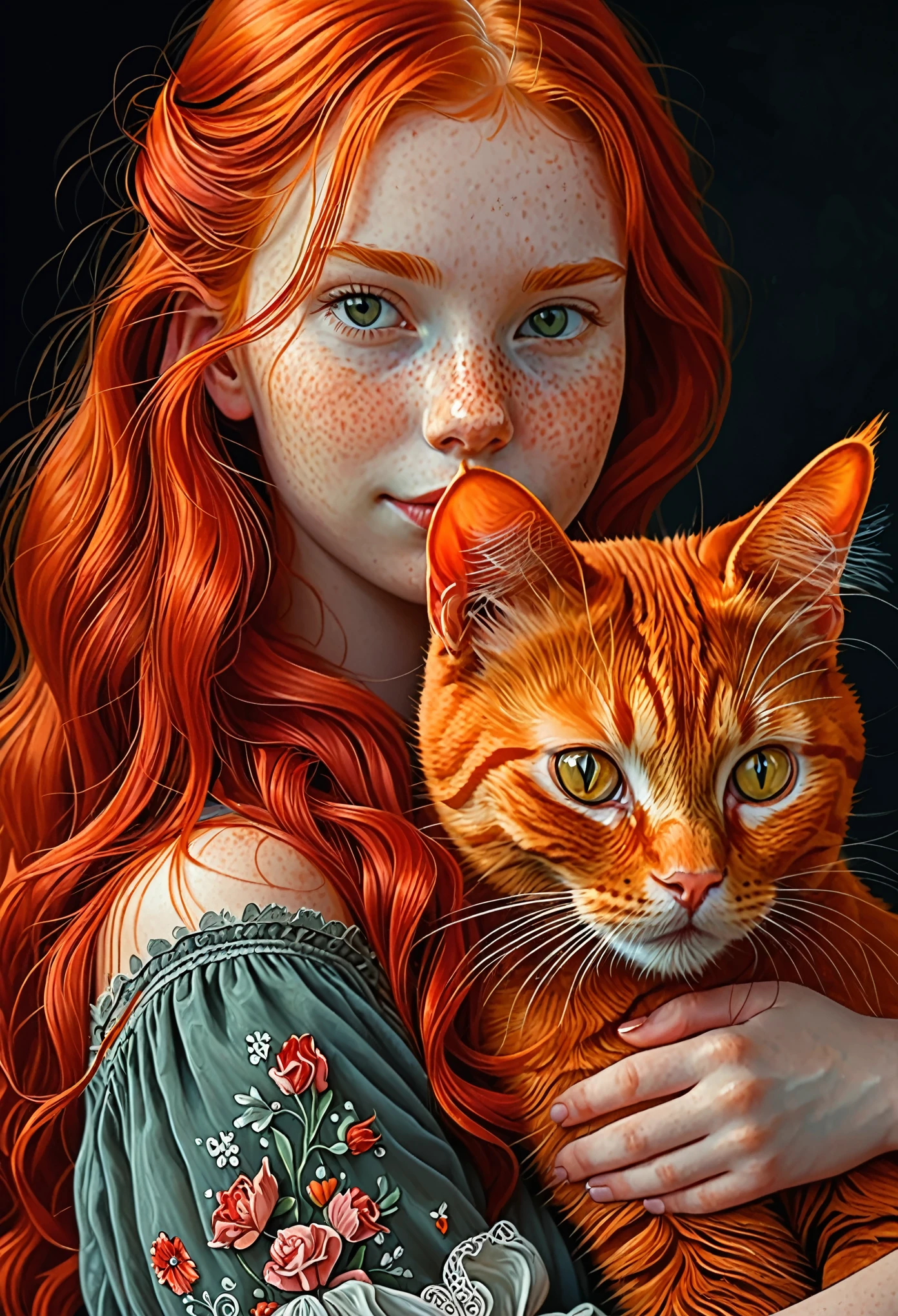 рыжая девушка с рыжим котом, Ультрадетализированный, Лучшее качество, шедевры 
