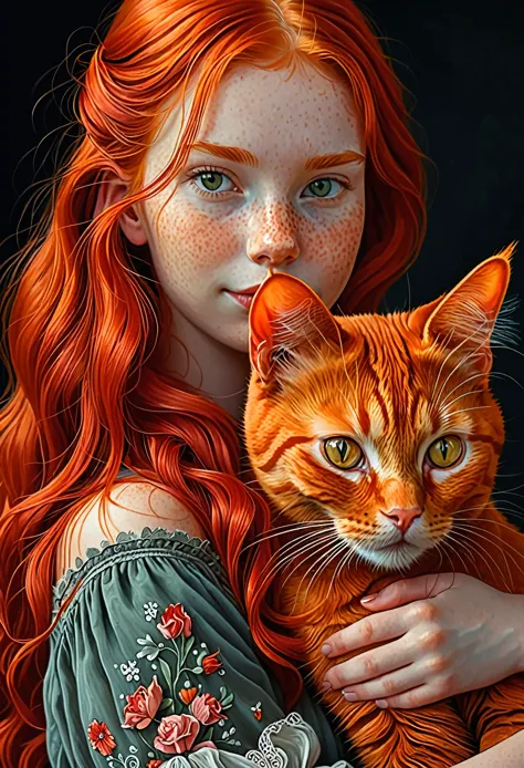 red-haired girl with a red cat, ultra detailed, best quality, masterpieces 