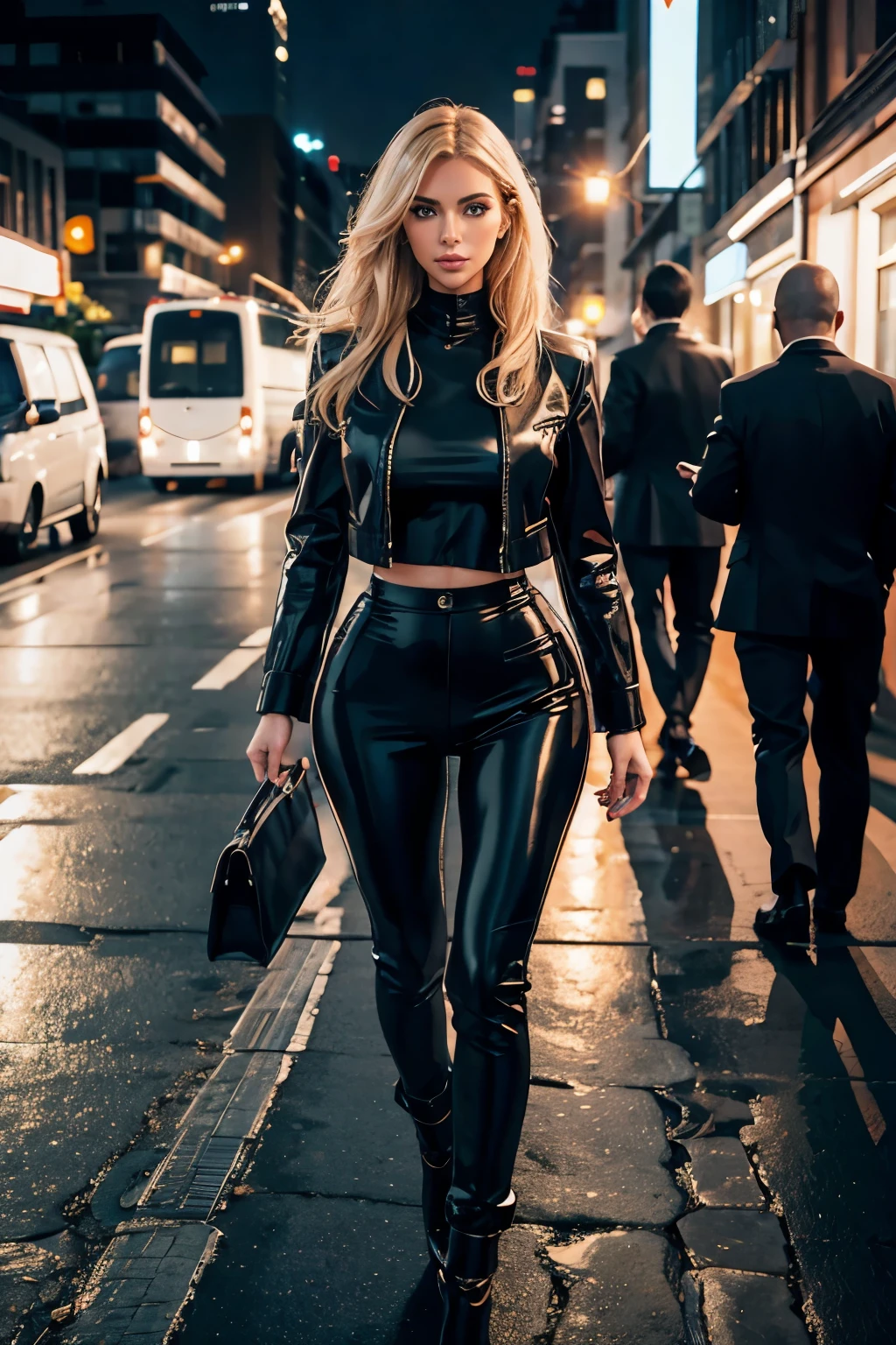 full body woman, A fashion model, Wear a suit, Glamour, paparazzi taking pictures of her, Kim Kardashian, blonde hair, elegant leather trouser suit, midnigh city, bokeh, 8K, High quality, Masterpiece, Best quality, HD, Extremely detailed, voluminetric lighting, Photorealistic, backlit on hair