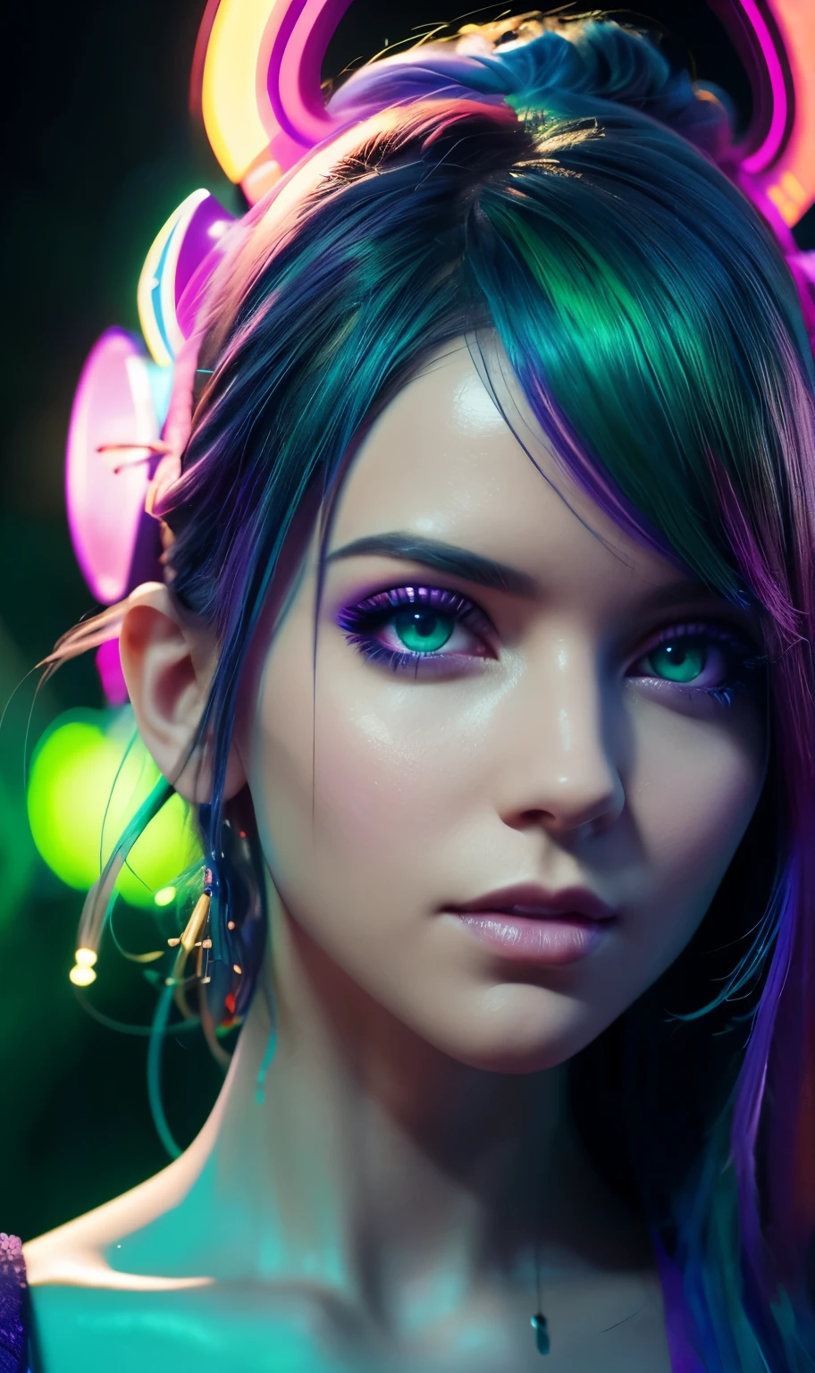 portrait | wide angle shot of eyes off to one side of frame, lucid dream-like woman, looking off in distance  | daydreampunk with glowing skin and eyes, styled in headdress, beautiful, she is dripping in neon lights, very colorful blue, green, purple, bioluminescent, glowing background | forest, vivid neon wonderland, particles, blue, green, purple| rule of thirds, golden ratio, assymetric composition, hyper- maximalist, octane render, photorealism, cinematic realism, unreal engine, 8k