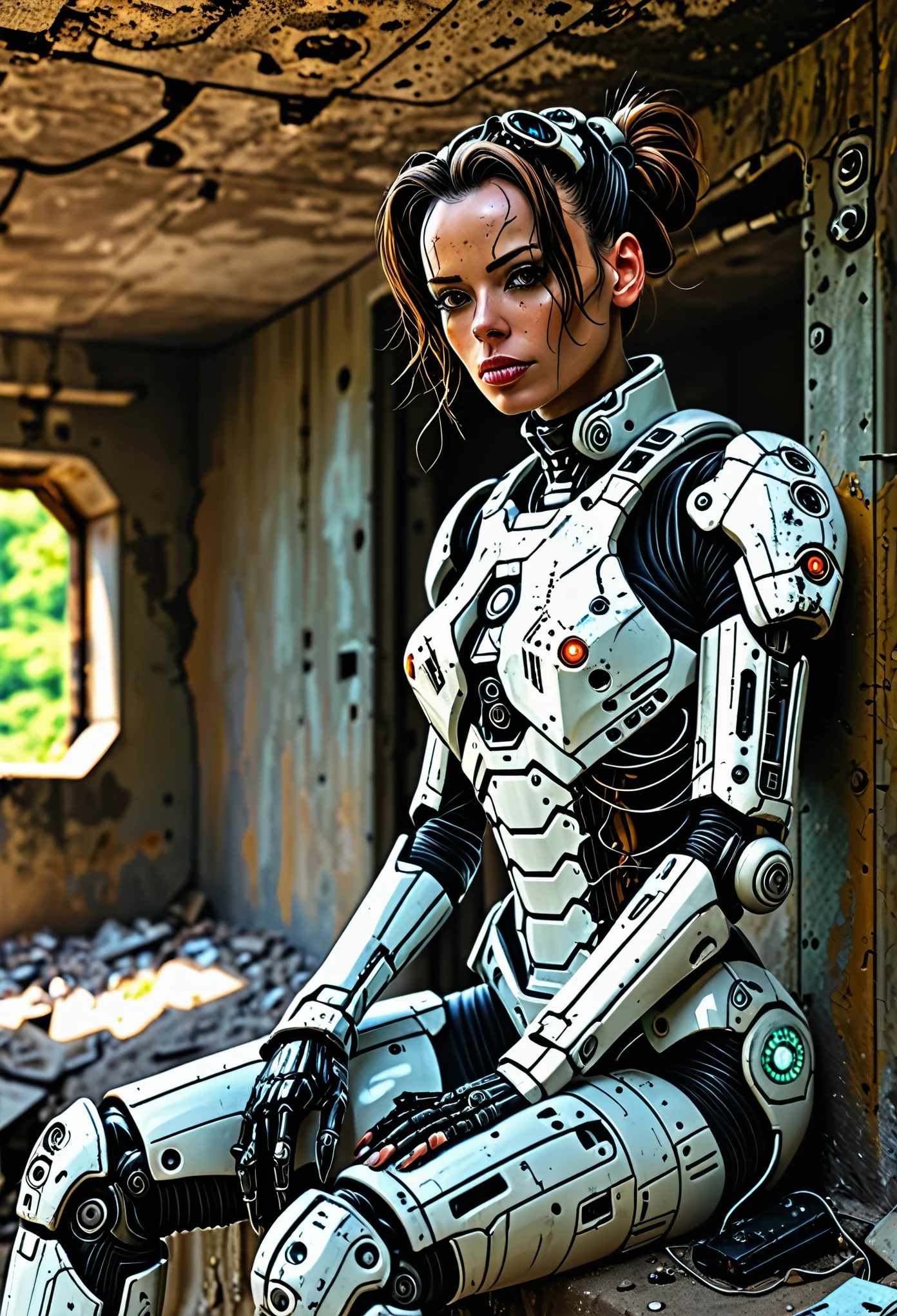 Anthropomorphe Cyborg-Frau in einem verlassenen Bunker, hohe Detailgenauigkeit, 