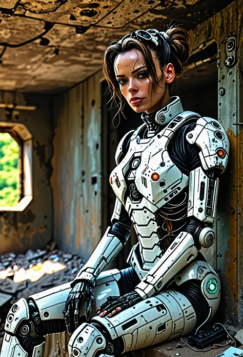 Anthropomorphic cyborg woman in an abandoned bunker, High detail, 