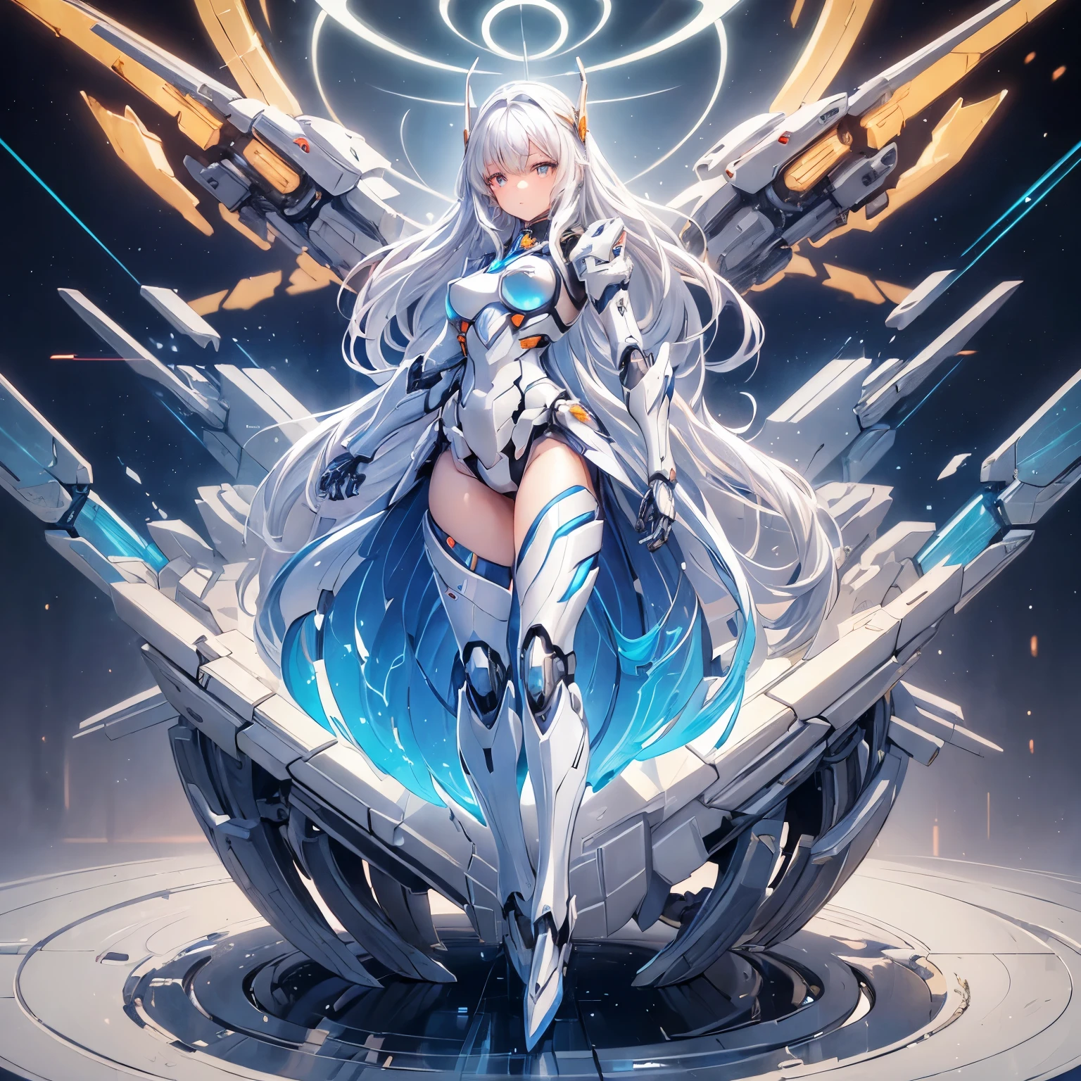 ((girl, Mecha)), glowing eyes, delicate face, broken armor, Mechanical aura, Mechanical arm, white hair, long hair, ceramic body, Thigh clearance, small breasts, network background, very nice city, (translucent, reflective skin), 8K, best quality, Super detailed, (Surrealism: 1.4),  