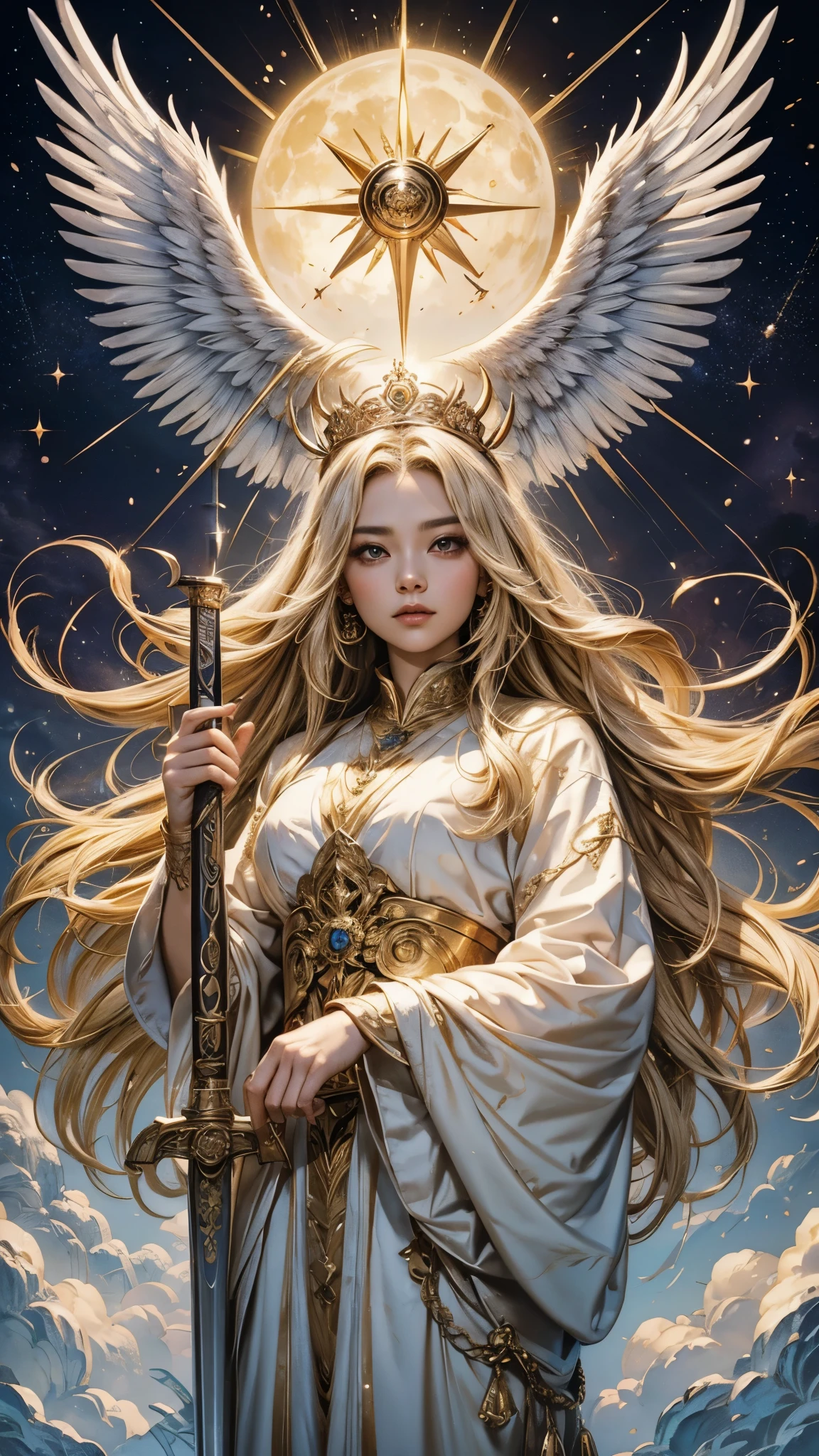 The heroine of national comics，[Douluo Dalu]，[God of angels]，[Qian Renxue]；bust portrait，Long hair parted in the middle；yellow hair，golden tiara；White and gold clothes，Snow-white wings，Hold the holy sword in your hand，sacrosanct。floating in the clouds，Shine brightly，Sun, moon and stars；clear lines，Stroke，anime style。HD quality，8K，masterpiece。（Fix hand details，anatomically logical）