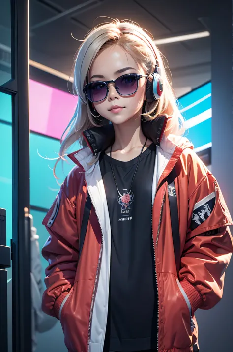 （perfect center+colorful carp）, wear a student team jacket, wear sunglasses, wearing headphones, cheerful, standing posture, abs...