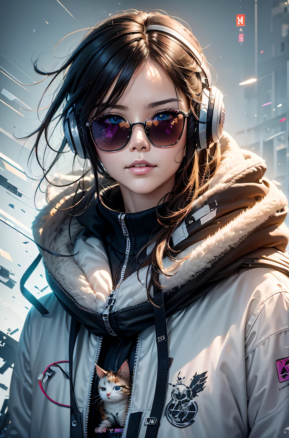 perfect center, Cute kittens all over, Wear student uniform jacket, Wear sunglasses, wearing headphones, Cheerful, standing posture, abstract beauty, center, looking at camera, face camera, nearly perfect, Dynamic, moonlight, Very detailed, number, art station, concept art, Smooth, sharp focus, 8K, high definition resolution, illustration, Artwork by Carne Griffiths and Wadim Kashin, White background