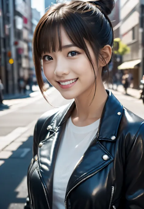 (((City:1.3, outdoor, Photographed from the front))), ((bun hair:1.3,leather jacket,Smile,japanese woman,cute)), (clean, natural...