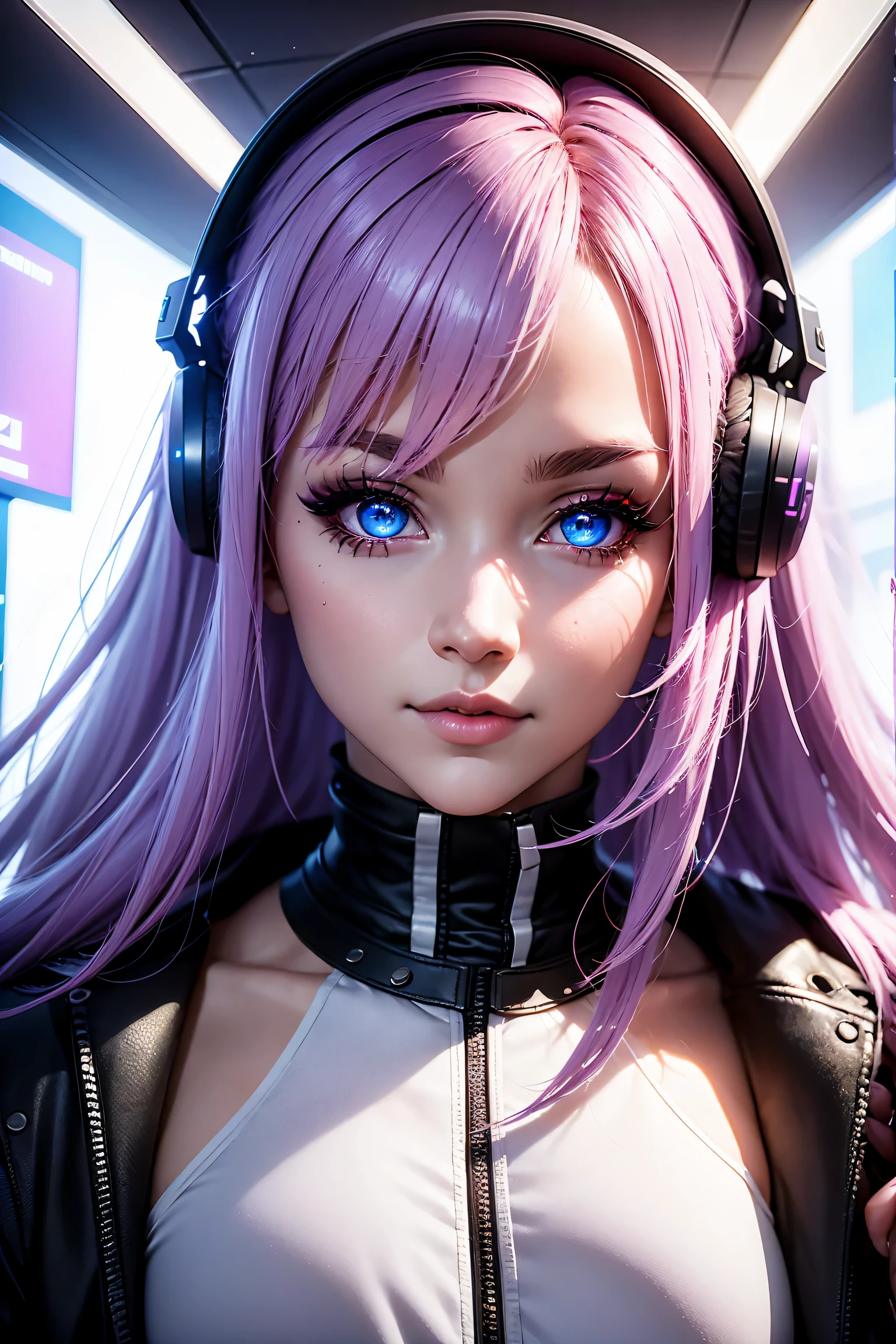 Unreal Engine:1.4,ultra high definition,best quality:1.4, fotorrealist:1.4, Texture:1.4, Create an extraordinary 8K masterpiece using the facial portrait of an 18-year-old anime girl. She has a pair of striking long blue eyes。, Two tone light lavender hair. The overall shape exudes the beauty of a game girl, It is white latex ,(woman:1.4), Create a cyberpunk style environment. The entire room should be illuminated with neon purple light, No room details visible, Beyond the vibrant glow. This setting creates a blurry background effect，Enhance the overall environment. The character’s makeup must be carefully crafted, Paired with impeccable red lipstick, eyelash, and ultra-detailed eyes. Pay special attention to the ultra-detailed faces, lips, and the unique hair intake that sets it apart. Her very long hair should be a prominent feature in this portrait...................., Enhanced by cinematic lighting，Highlight its compelling features. Add a touch of mystique to the artwork by including an ancient scroll with the words 'ME♡XO' written on it, Retain or highlight in composition. This scroll would have been a key element of the portrait. The character&#39;s eyes should glow a charming blue, Perfectly fits the player theme. The end result must be a true masterpiece, Emphasize the striking details in this 8K facial portrait. It had to capture the essence of a unique and serious anime gamer girl，At the same time just focus on her face...................., The whole room is illuminated by purple neon lights. (Mars Planetary Laboratory:1.4) 8K, 。...............................................3d, realist, ultramicrophotography, highest quality, Super detalle CG Unity 8K,perfect face shape