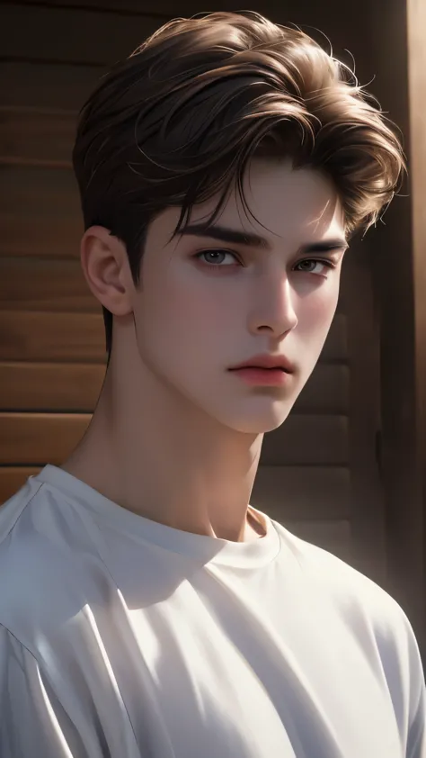 (best quality,4k,highres,masterpiece:1.2),ultra-detailed,(realistic,photorealistic,photo-realistic:1.37),1boy about 19 years-old,handsome,detailed eyes,detailed lips,brown hair,cool,indifferent,cold gaze,white T-shirt,cool pose,standing,stunning,photograph...